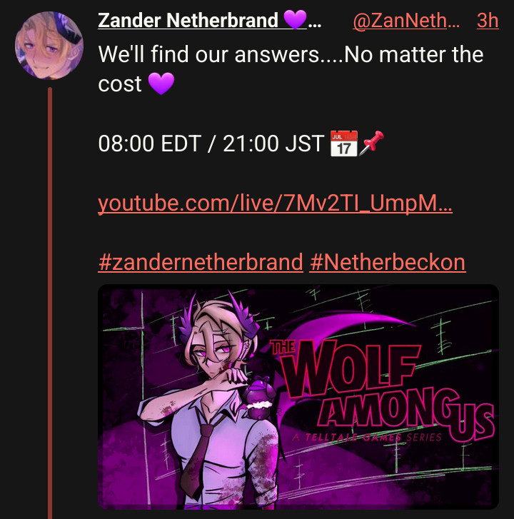 Zander Netherbrand 💜♈ FIRST STAGE PRODUCTION EN
We'll find our answers....No matter the cost 💜

08:00 EDT / 21:00 JST 📅📌

youtube.com/live/7Mv2TI_UmpM…

#zandernetherbrand #Netherbeckon