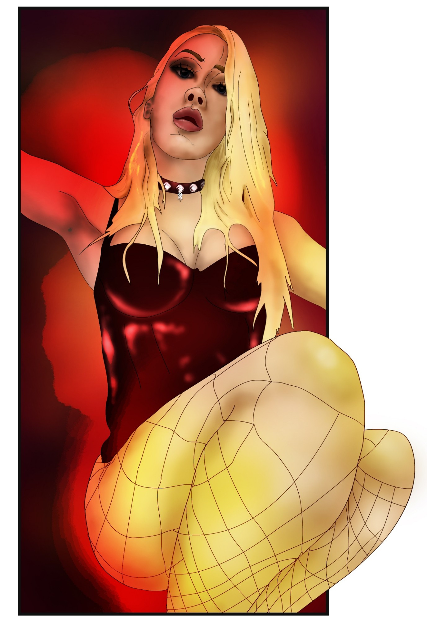 Illustration of a blonde woman named Ms Phi in a risque leather outfit and fishnets