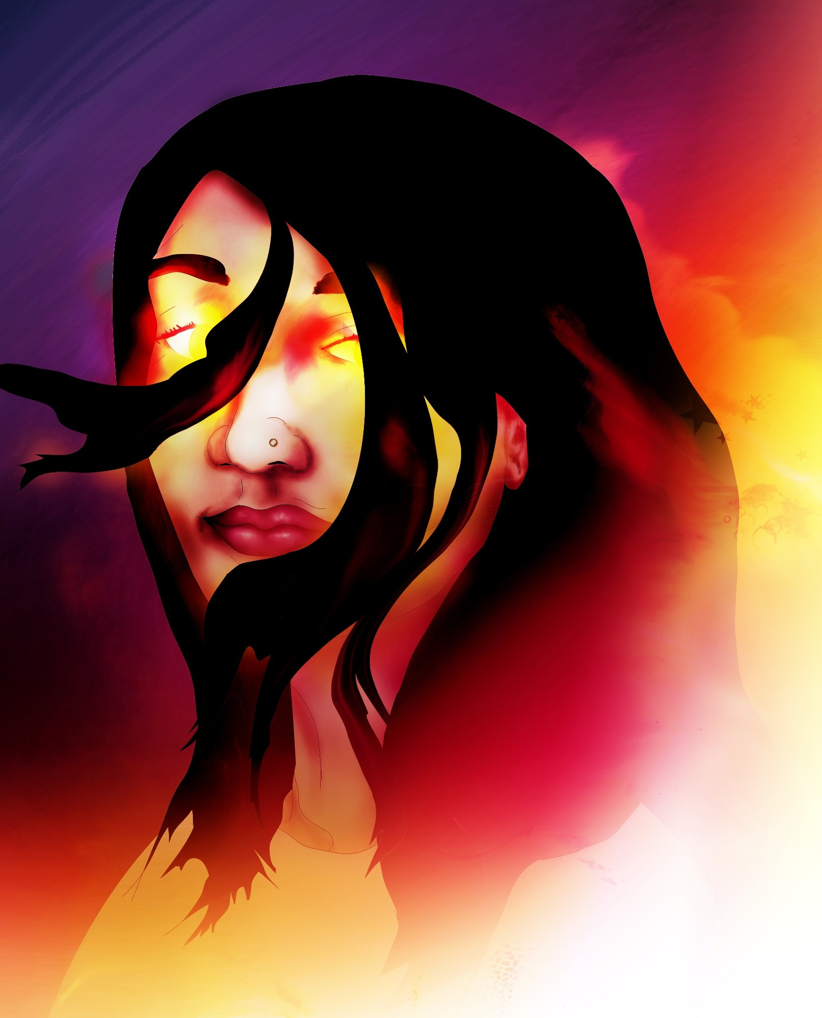 Portrait illustration of a woman with flame like colors