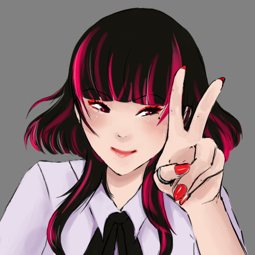 a drawing of anime girl holding up two fingers in a "V" gesture 