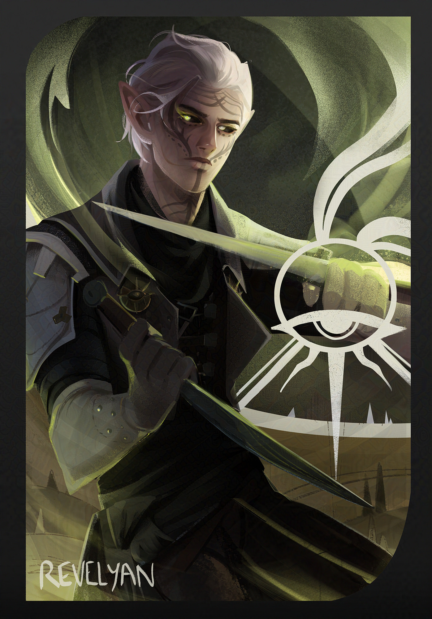  A halfbody drawing of a white haired elf with two daggers. Green glowing smoke is floating around him