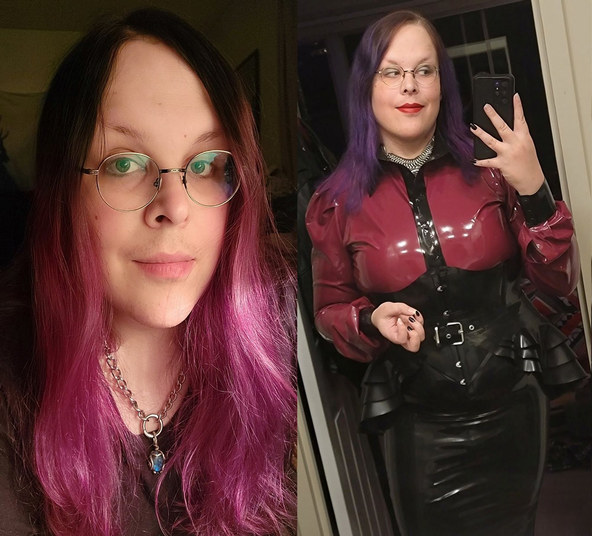 two images:

left image: a white trans girl with black and pink hair wearing glasses, black shirt, and a stainless steel chain around her neck with a blue gem on it

right image: same girl, now with purple hair wearing a black and red latex top, black corset, peplum belt, and pencil skirt, with some of her nails painted black, red matte lipstick, stainless steel chainmaile choker, glasses, and silver eyeshadow standing in front of a doorway