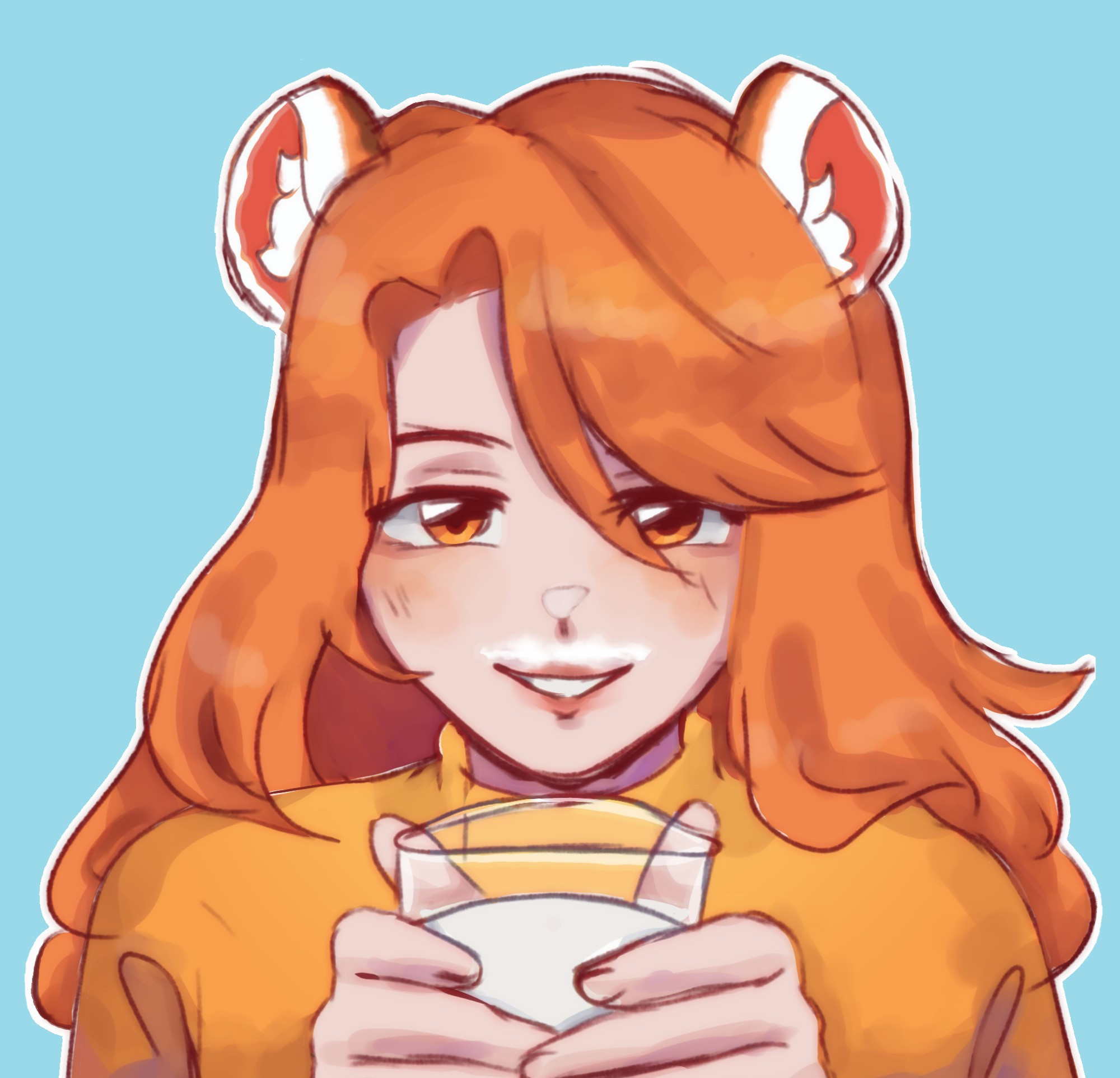 Moonbowmei has created a bust-up sketch artwork of the VexxingCat OC character. The artwork features a soft blue background, with Vexxing holding a glass of milk with both hands and looking softly at the viewer. Her hair is loose, falling around her shoulders, and she wears a golden sweater with a milk mustache. Vexxing is depicted with a gentle expression in her eyes and a soft smile on her face. Furthermore, her tiger ears are relaxed, adding to the overall serene vibe of the artwork.