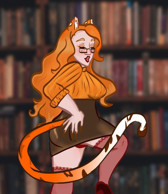 Art by Flarablitz featuring VexxingCat posed provocatively with her raised leg, showing her underwear and stockings beneath a black skirt and orange sweater against a bookcase.