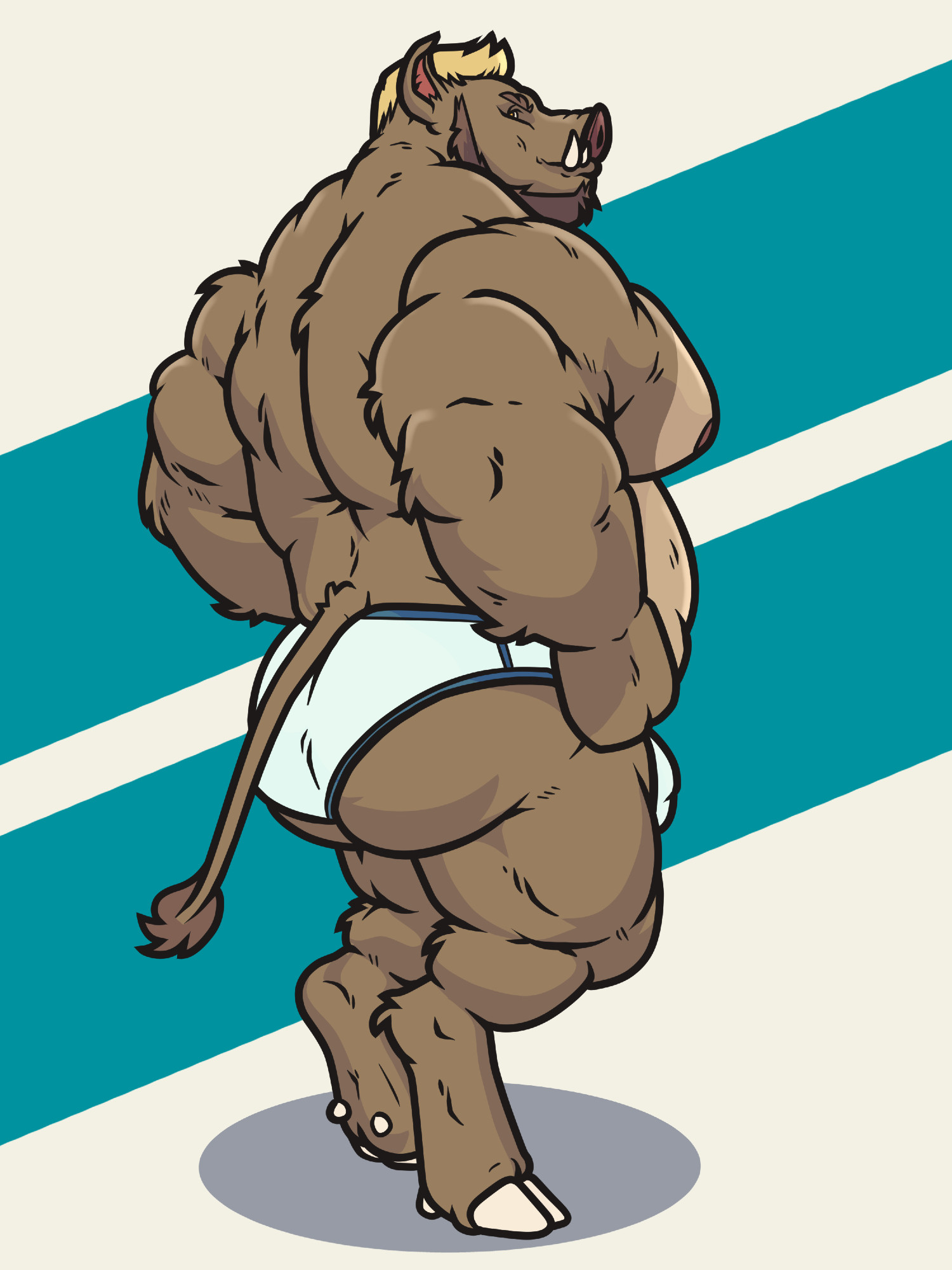 a boar viewed from behind; he is wearing tight briefs that expose a lot of ass cheek