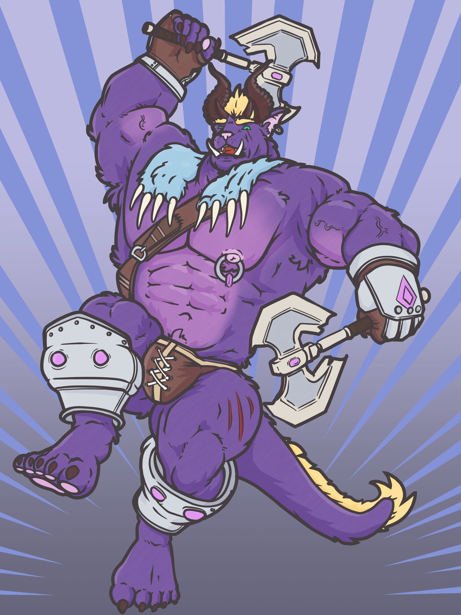 a big purple behemoth in leather briefs, a blue fur slung around his shoulders, leaping down towards the viewer dual-wielding axes