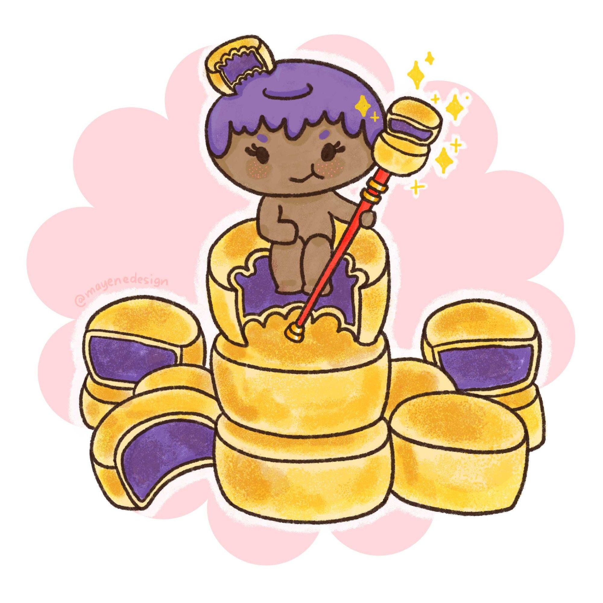 Illustrated donut buddy with a toasted brown base and purple frosting sitting on a stack of ube hopia holding a staff topped with hopia and surrounded by more of the pastry. They have a cute little mischievous smile on their face.