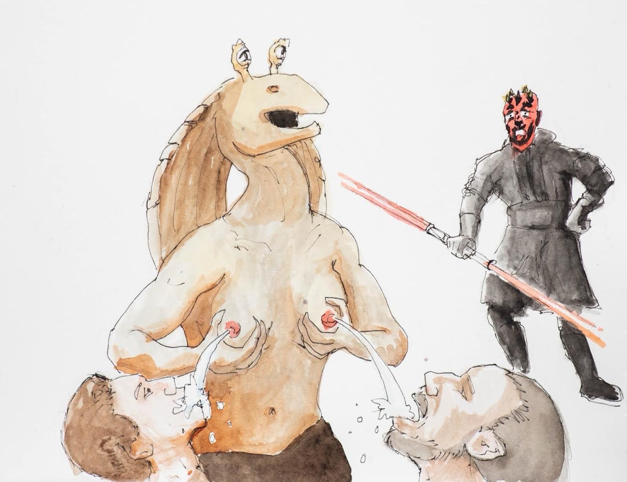 Jar Jar Binks lactating into Obi Wan Kenobi and Qui Gon Jin’s mouths. Darth Mayl looks on in horror