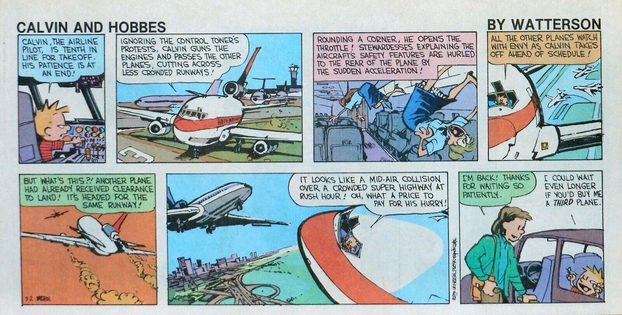 Calvin and Hobbes cartoon about a rogue airline pilot taking off without clearance and causing a midair collision