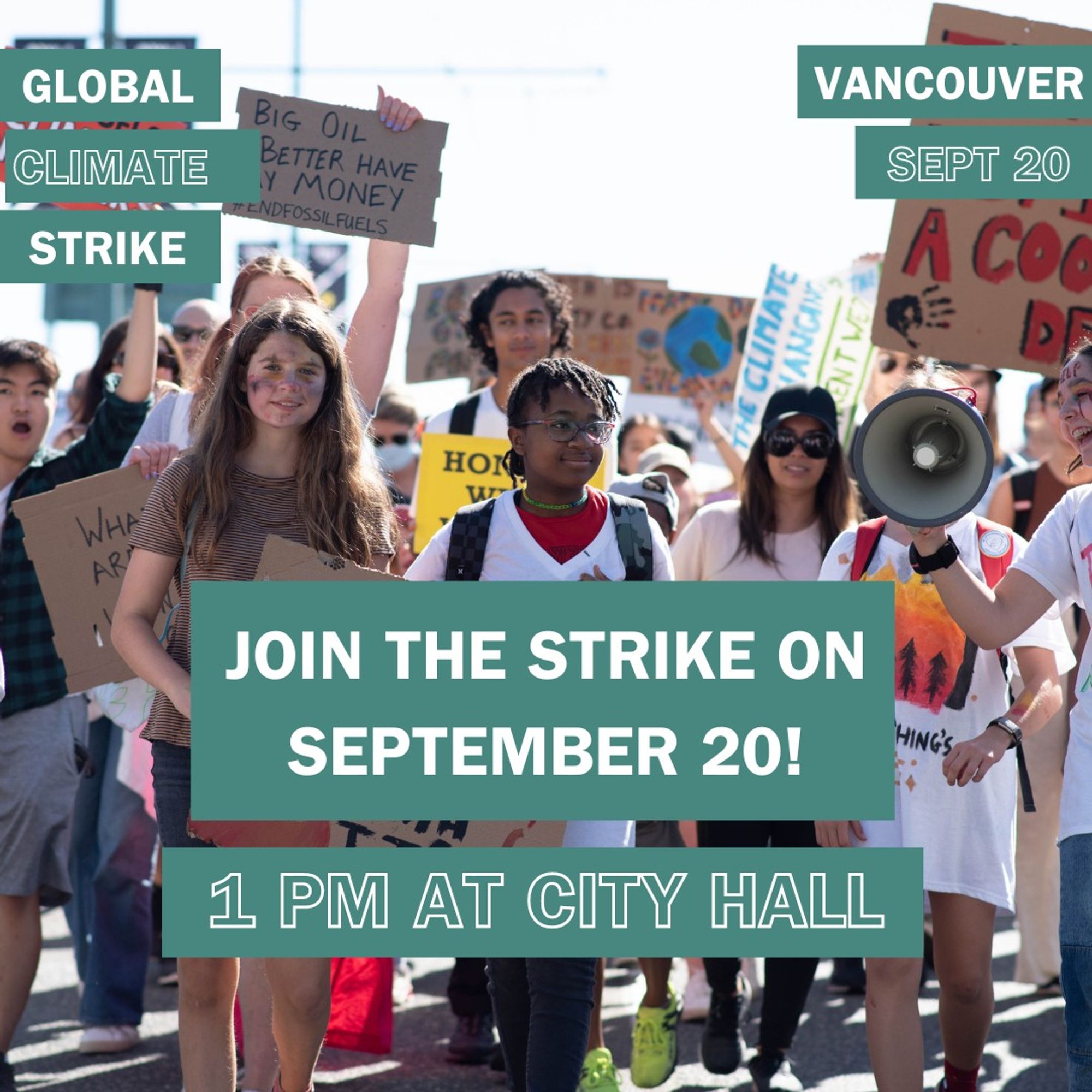 Youth march holding signs calling for climate action. Text overlay reads "Global Climate Strike. Vancouver Sept 20. Join the strike on Sept 20! 1pm at City Hall"