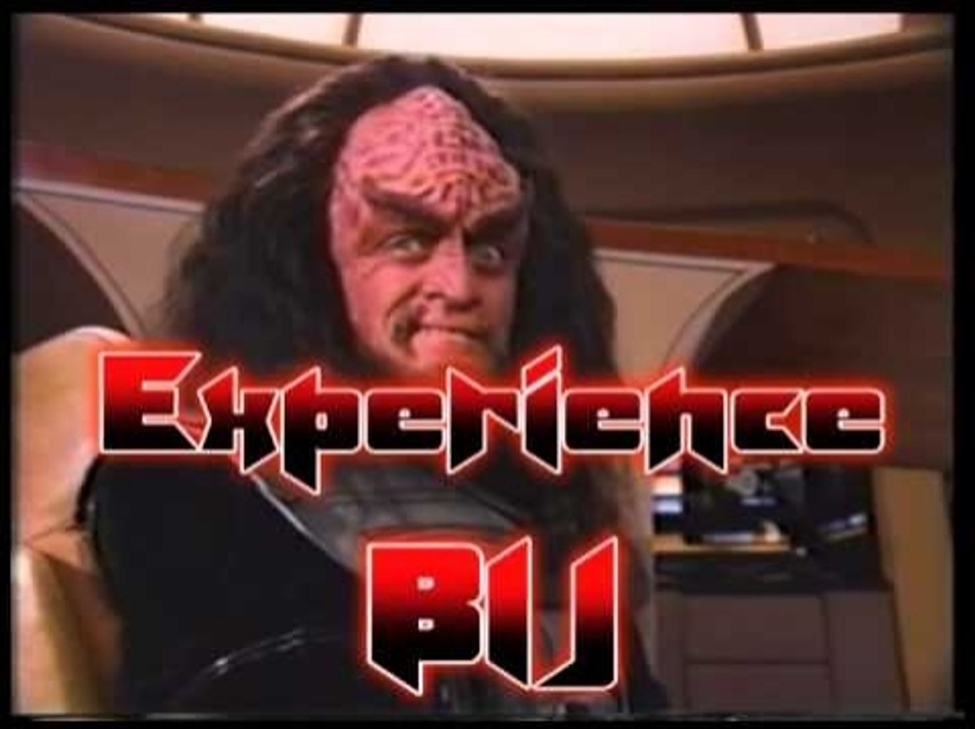 Gowron from Star Trek TNG with the words Experience Bij written in a vaguely Klingon looking font captioned on the lower half