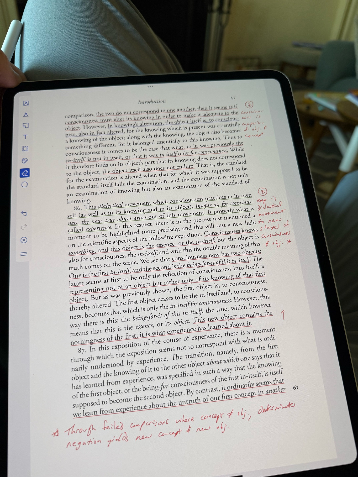 An iPad displaying an annotated page of the Introduction of Hegel’s Phenomenology of Spirit in English. 