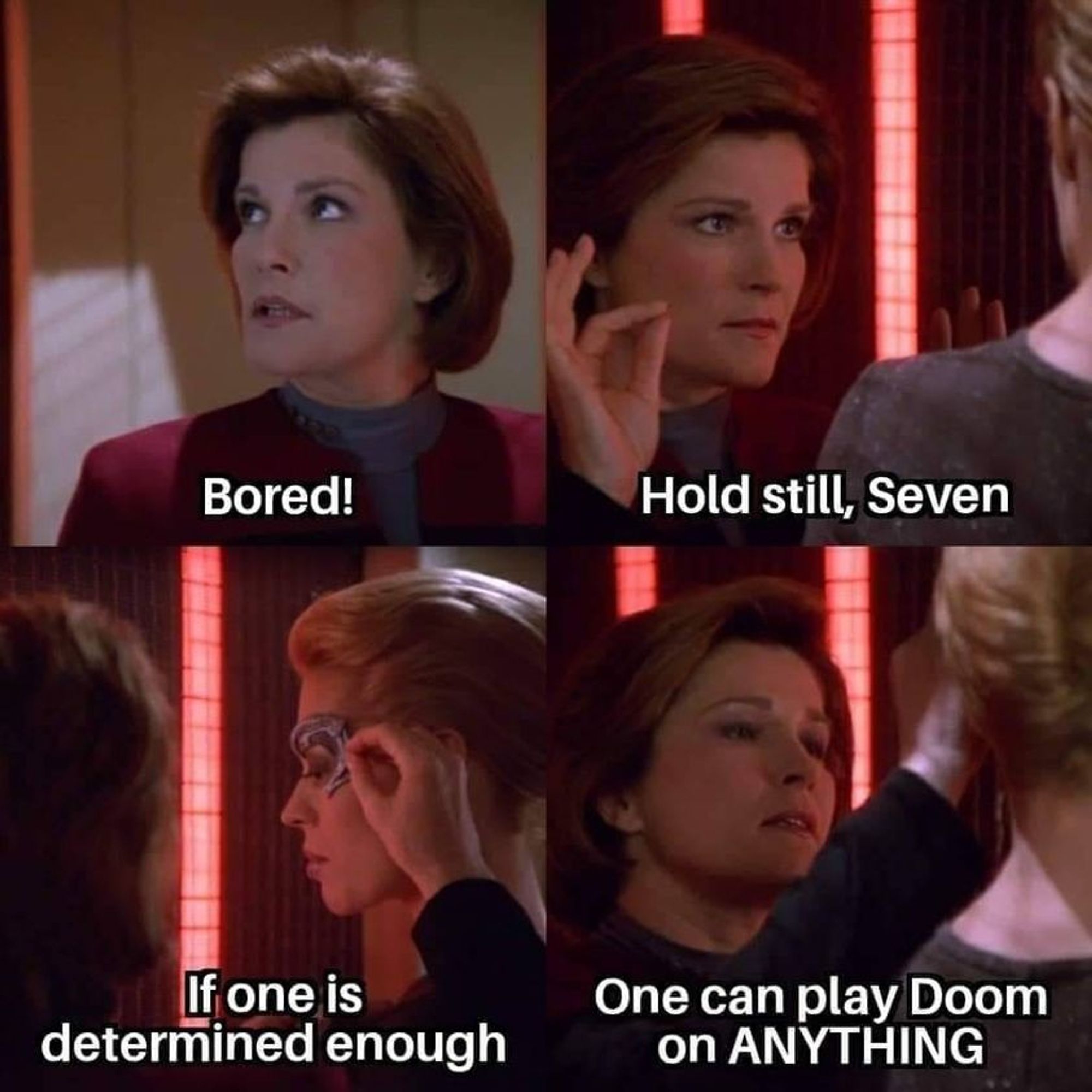 StarTrek Voyager meme. Janeway and Seven captured in episode Hope and Fear. 

Seven [offscreen]: "Bored!" (Janeway looks up)
Janeway: "Hold still, Seven"
"If one is determined enough" (while hacking Seven's ocular implant)
"One can play Doom on ANYTHING"