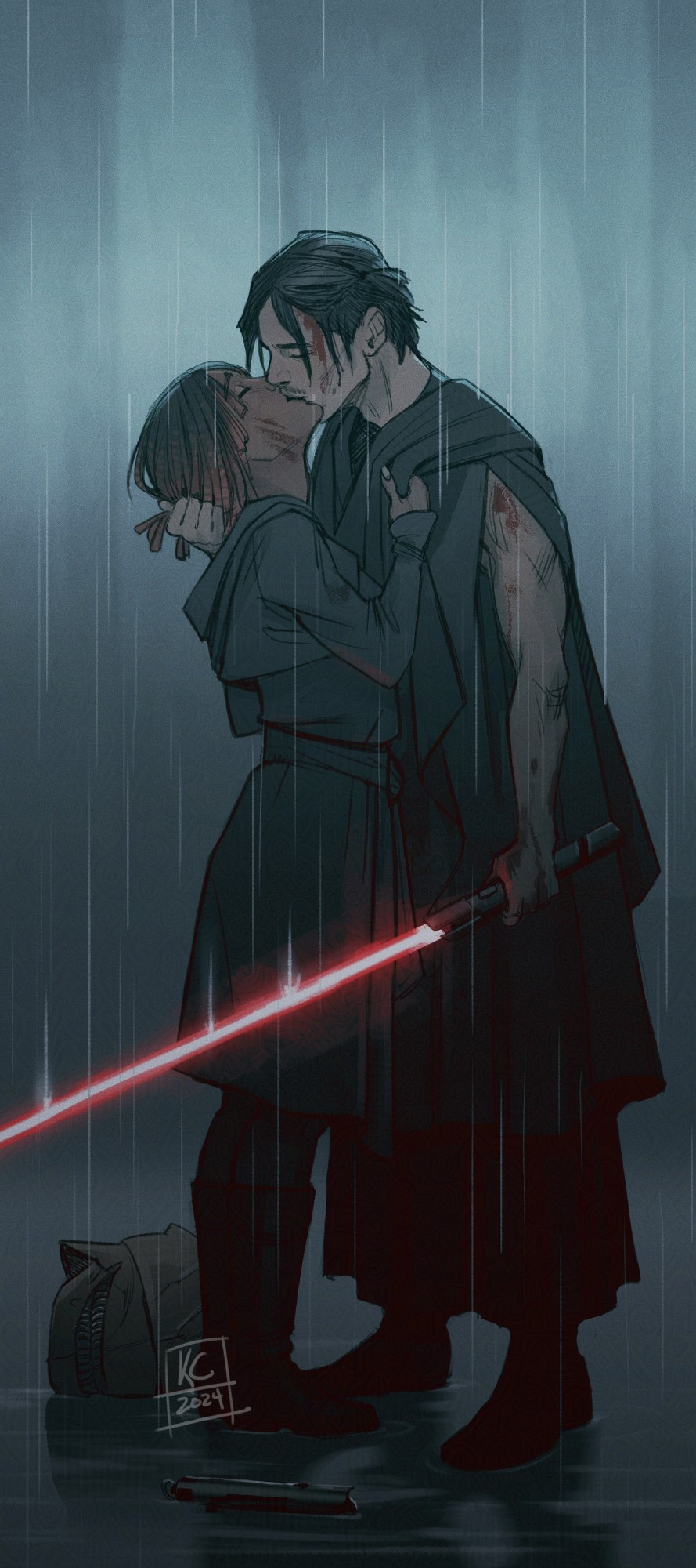 Osha and Qimir from The Acolyte, kissing in a rainy scene; Qimir holds an ignited lightsaber. 