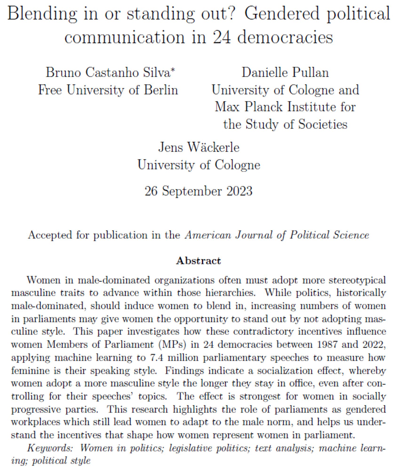 Abstract for the paper titled "Blending in or standing out? Gendered political communication in 24 democracies" that can be read at the link in this post