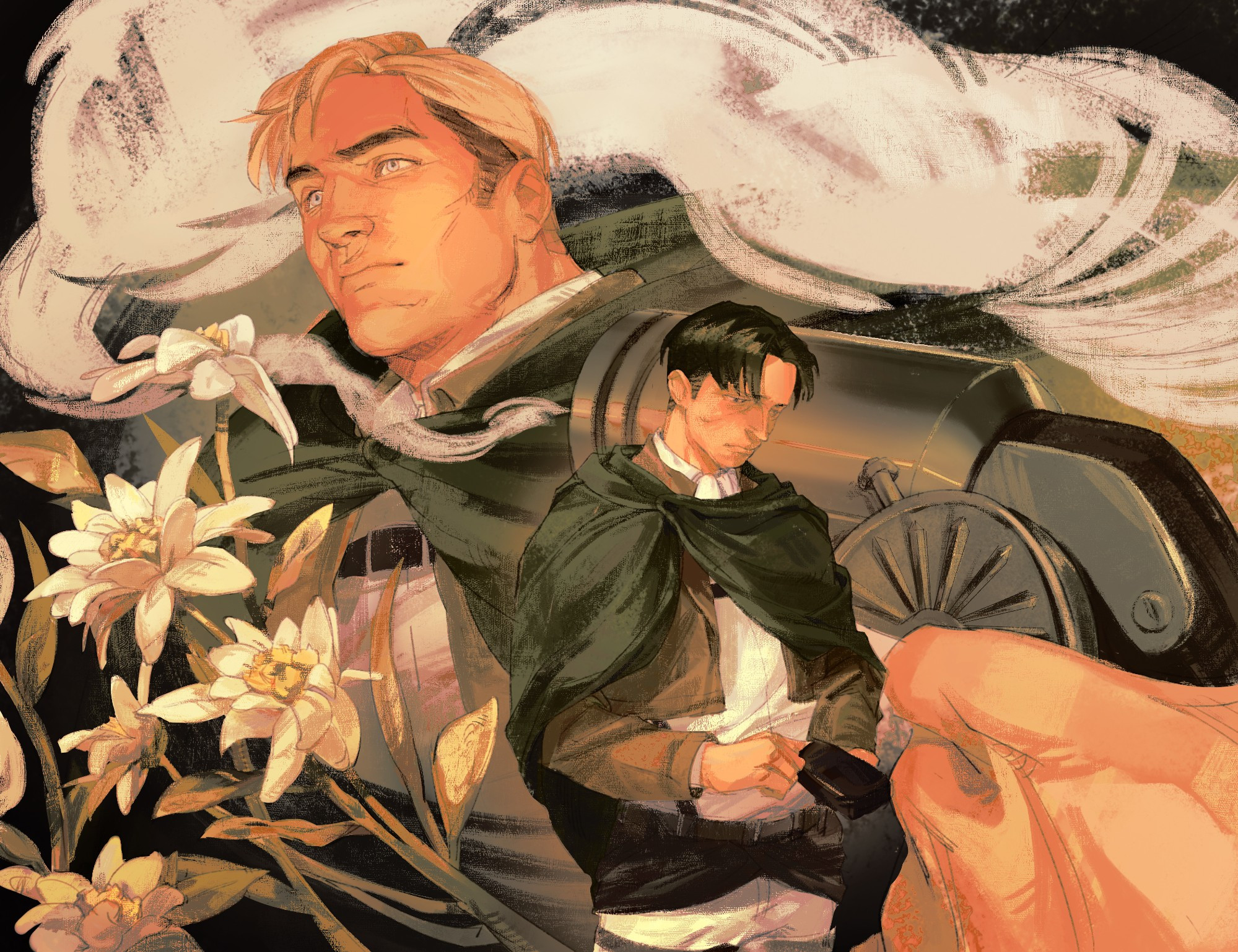 Digital illustration of Levi Ackerman and Erwin Smith from Attack on Titan. Levi is in the front and centre of the image holding the serum's syringe case, mournful expression. Behind him is a background with various objects, a hand firing a smoke gun, some Edelweiss flowers and Erwin's face surrounded by the trail of smoke the gun is firing. 