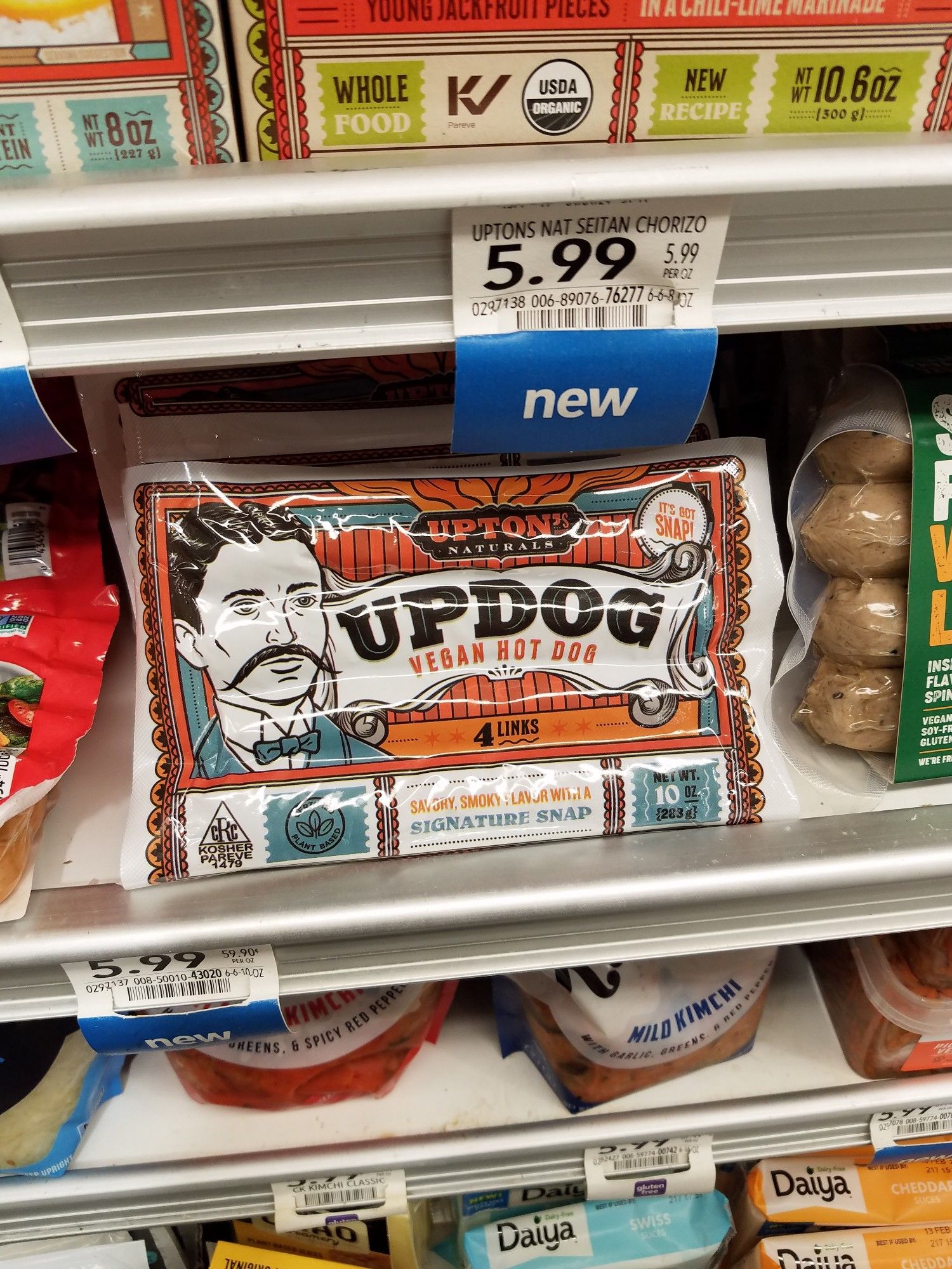 A package of vegan hot dogs called Updog