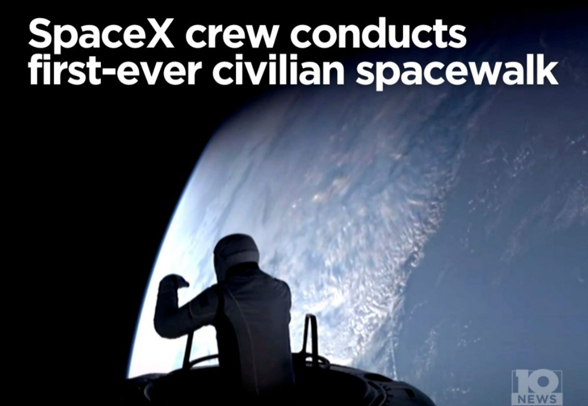 Text: SpaceX crew conducts first-ever civilian spacewalk

Image: An astronaut in silhouette resembling comedian, Rod Hull, renowned for his aggressive emu hand puppet.