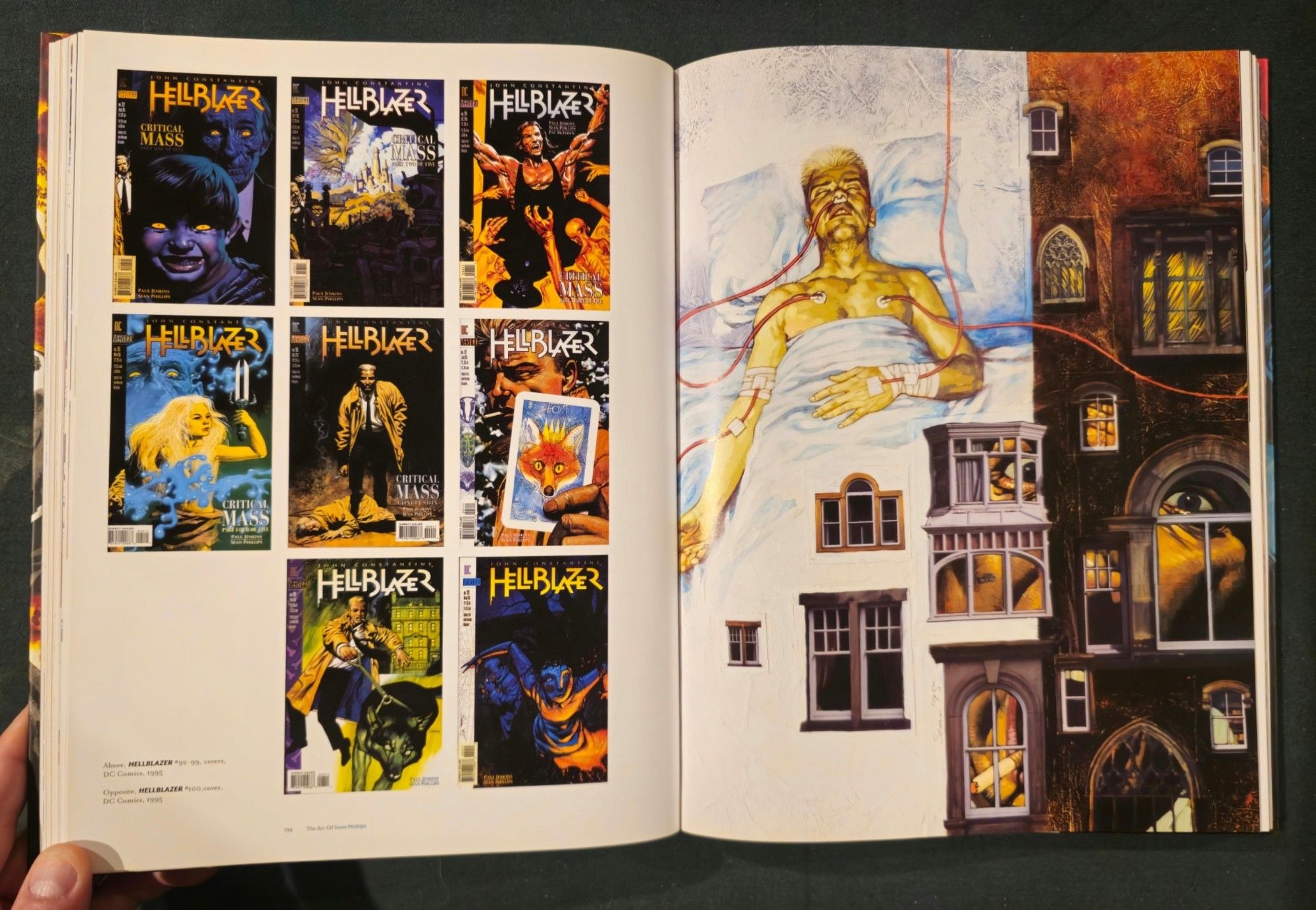 On the left, painted covers for Hellblazer issues #92-99.

On the right, the painted cover for Hellblazer #100. John Constantine is hooked up to many lines in a hospital bed and there is a building on the right hand side.