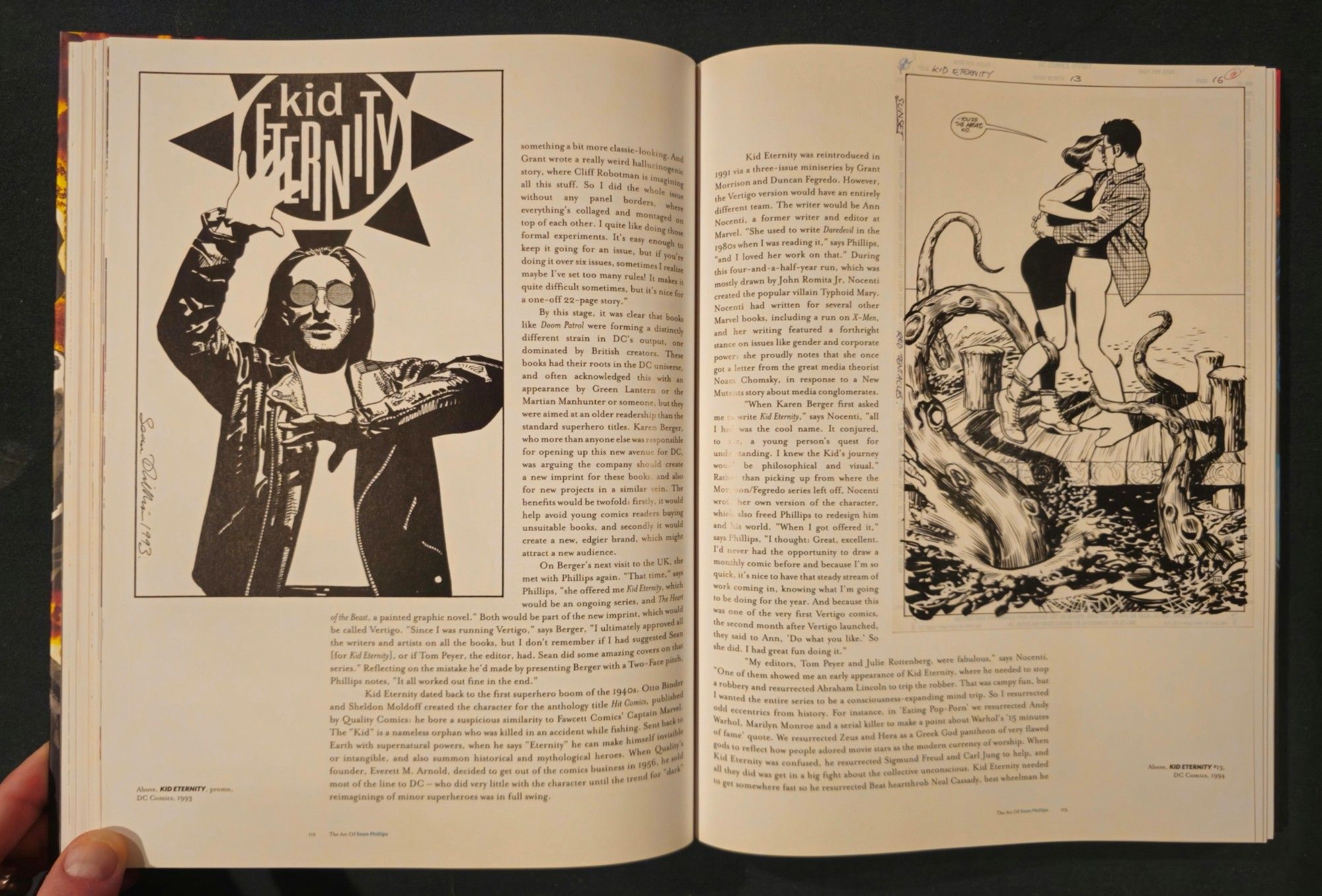 On the left, the original art for a Kid Eternity promo. He is wearing sunglasses, long hair and a leather jacket. One arm is raised in the air, Breakfast Club style, and one is horizontal against his chest.

On the right is a page from Kid Eternity. In it, he is hugging and kissing a woman who says, "You're the heat, Kid". They are standing on a pier and a tentacle rises out of the water to wrap itself around her leg.