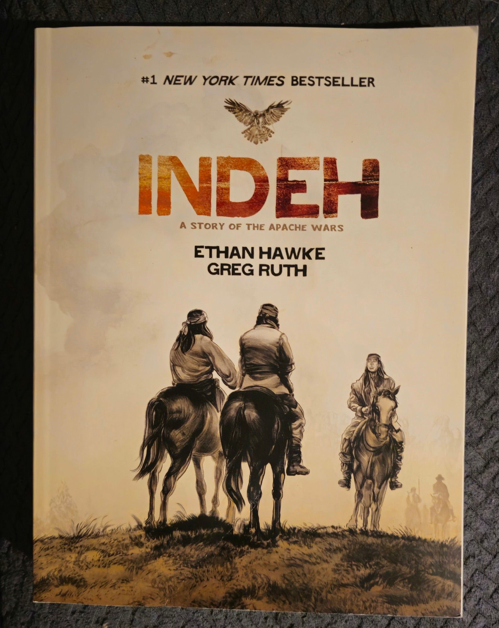 The cover to Indeh: A Story of the Apache Wars by Ethan Hawke and Greg Ruth.

It features threw Apache on their horses.