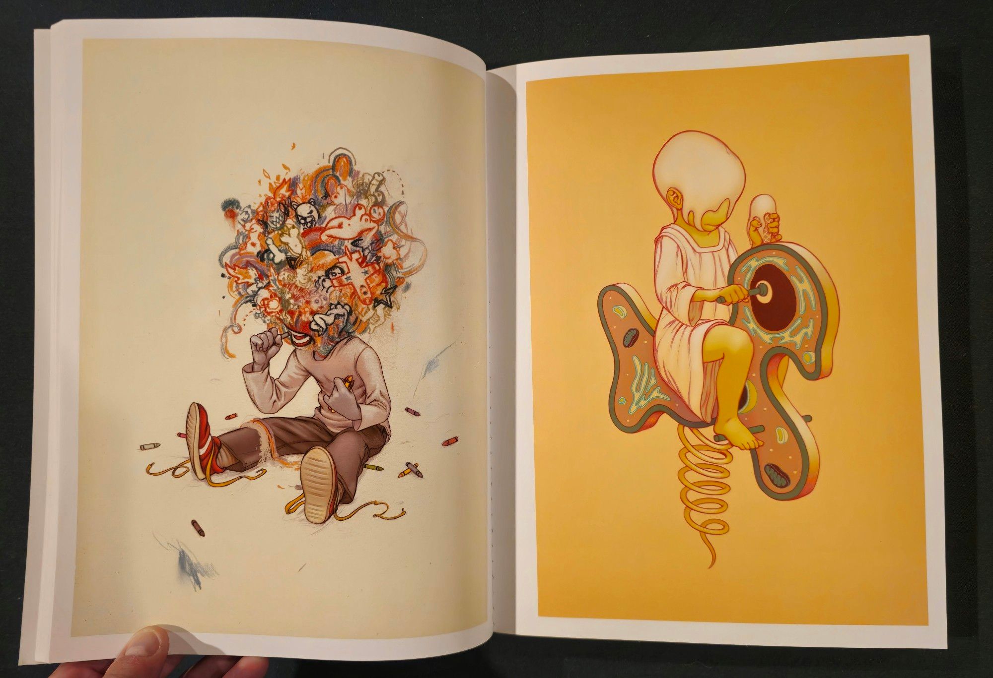 On the left, a drawing titled Crayoneater.

A little kid sits on the floor, legs splayed as they chew on a crayon. Their head above their mouth is a swirl of pornographic images drawn in crayon.

On the right, a drawing titled Horse.

A girl sits on a rocking horse holding an ice cream cone.