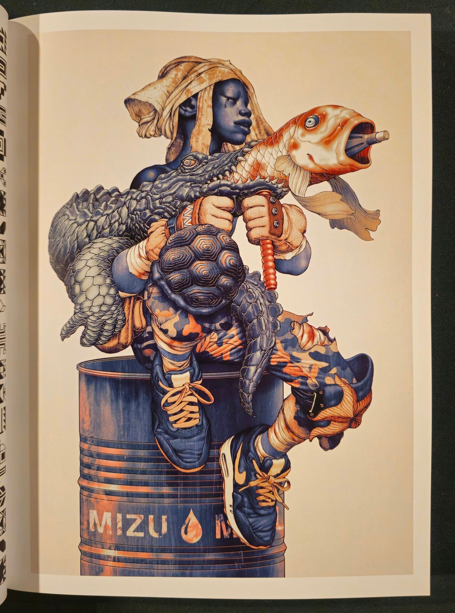 A painting titled Mizu.a young man sits on an oil barrel. He is holding what appears to be a bazooka. The projectile sits within a fish's mouth and the fish sits within an alligators mouth, and there is a handle coming out of the bottom of the fish part, which the young man is grasping.

He has two knee pads. One is a tortoise shell and one is a starfish. He is wearing cool shoes. They are Nikes.