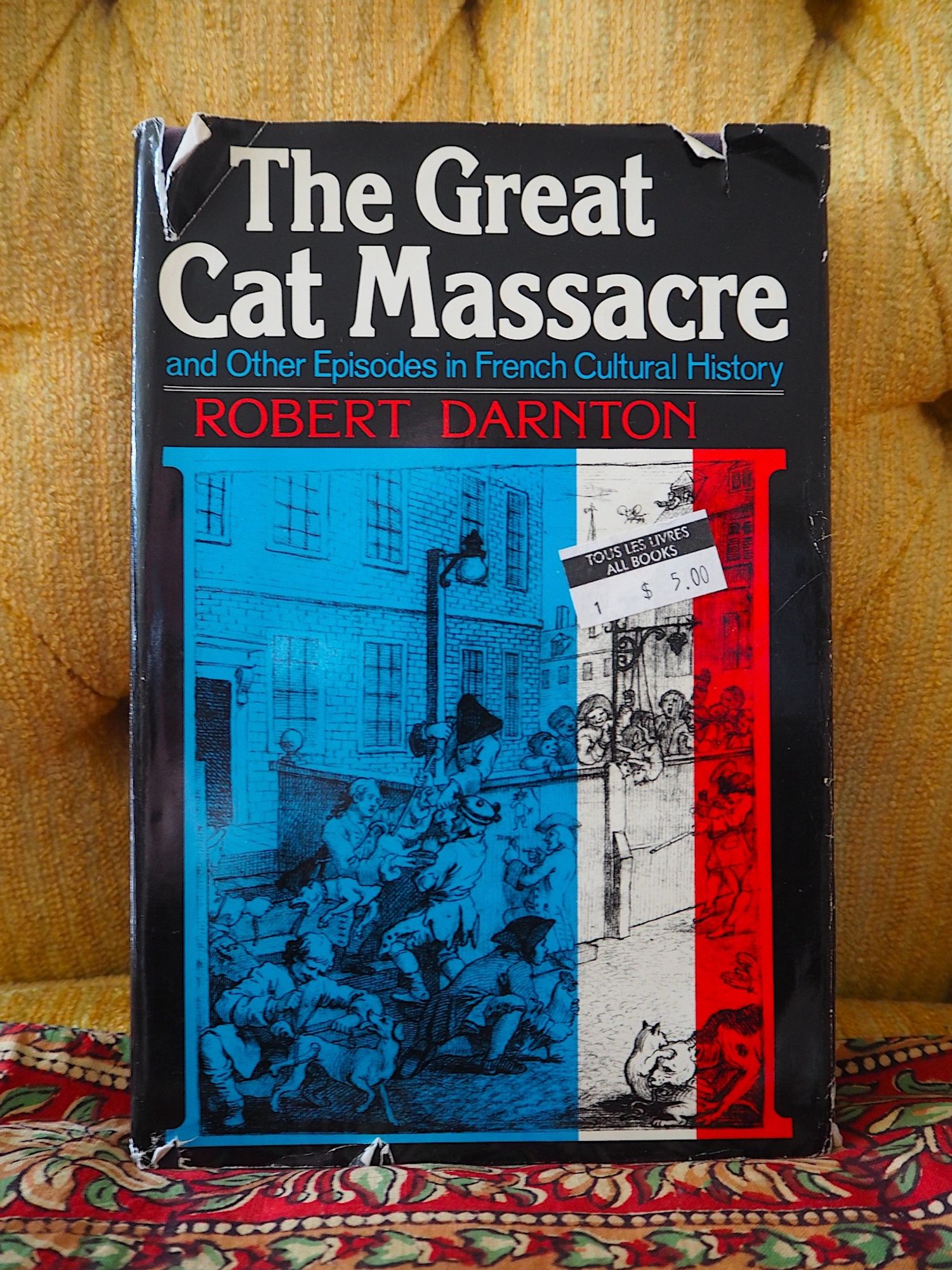 A used hardcover book (1984) for $5 propped up against an old upholstered chair: "The Great Cat Massacre and Other Episodes in French Cultural History" by Robert Darnton. It shows an 18th-century engraving of a bunch of bewigged people wrangling with a kitty.