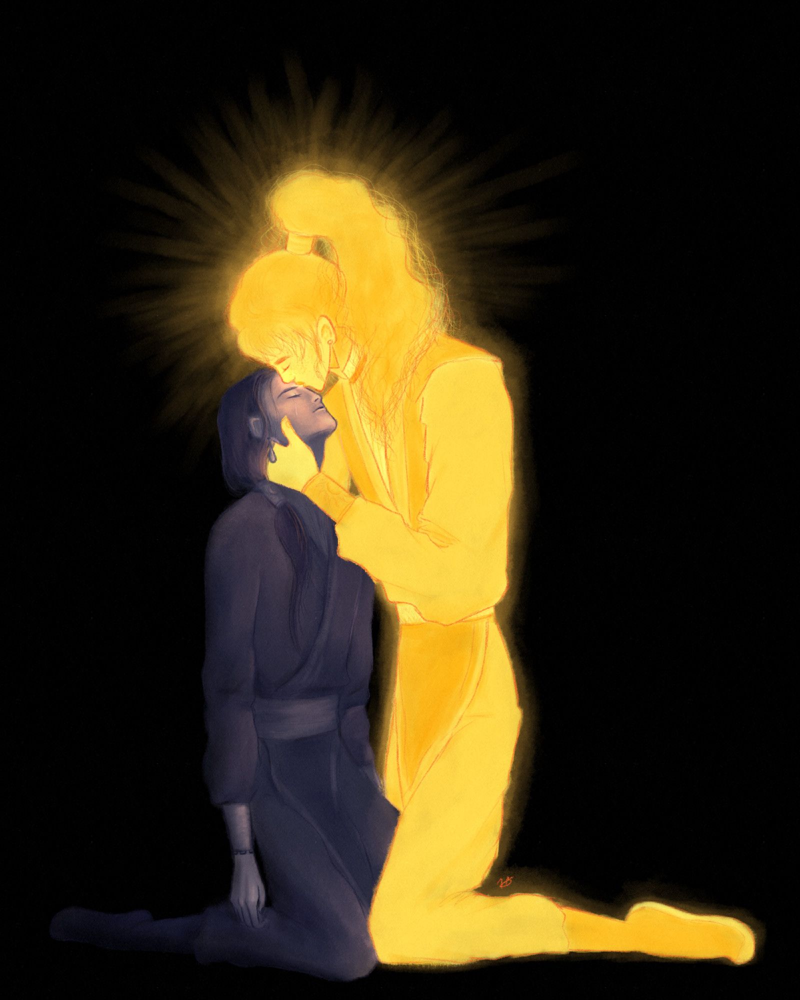 A digital drawing of Yin Yu and Quan Yizhen from Tian Guan Ci Fu. Yin Yu is on his knees with closed eyes, allowing himself to be kissed on the forehead by Quan Yizhen; he’s looking dull, only reflecting the light that Quan Yizhen emits. QYZ is holding him tenderly as if he’s his entire universe, completely glowing in a yellowish color. There are some hidden sun and moon motifs in their clothing.