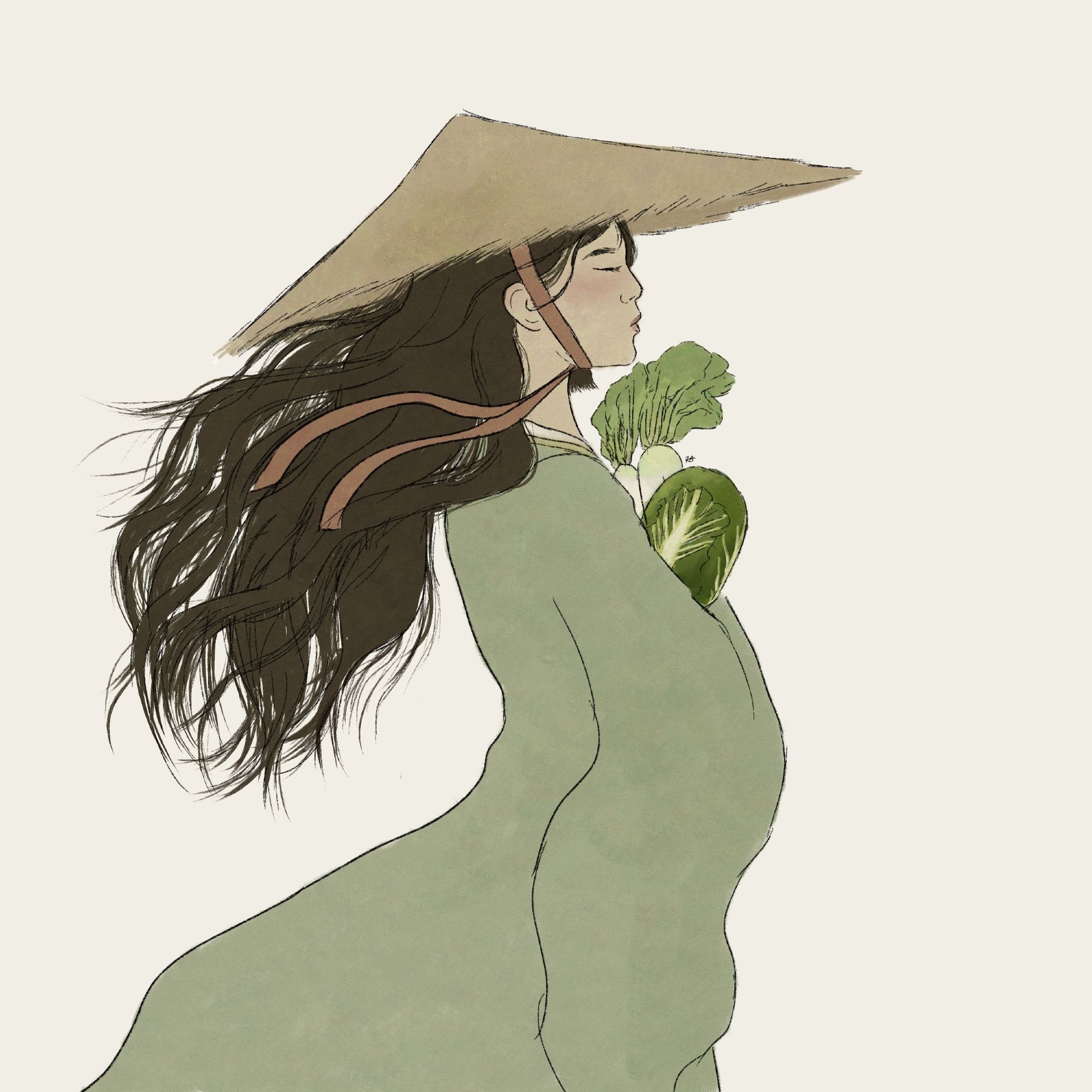 A colored sketch depicting Yushi Huang from her side profile holding some vegetables. Her green robes and her hair are blowing with the wind.