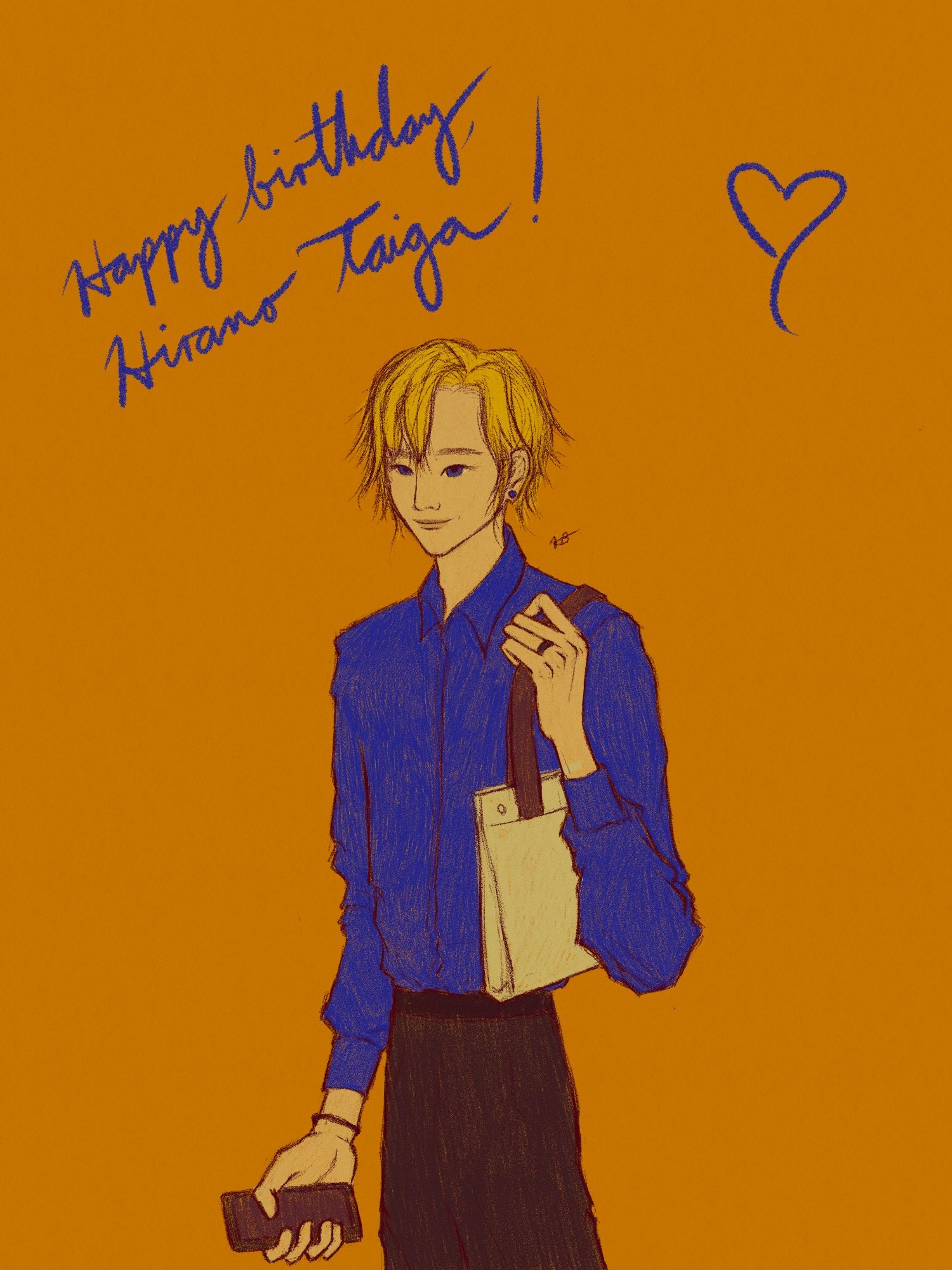 A colored sketch of Hirano Taiga in a limited color palette that consists of blues, yellows and browns. He wears a blue shirt that matches his eyes and earrings; also sporting dark pants and his light-colored bag with a dark strap. He stands against the orange-brown background, in a relaxed pose; his left hand, wearing the ring, holds his bag; his right, holds the phone.