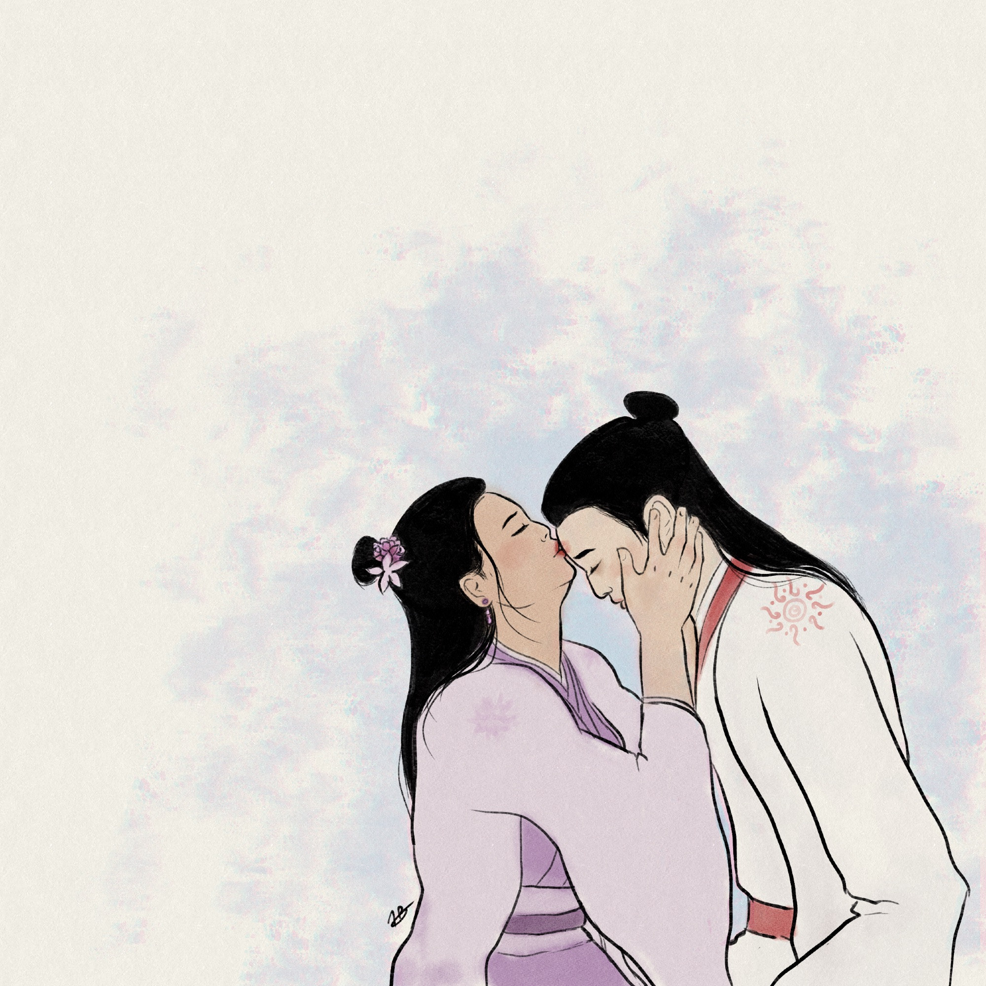 Digital art of Jiang Yanli holding Wen Ning’s face and kissing his forehead. They wear their sect uniforms, Jiang and Wen, respectively. The art has some watercolor effect to it.