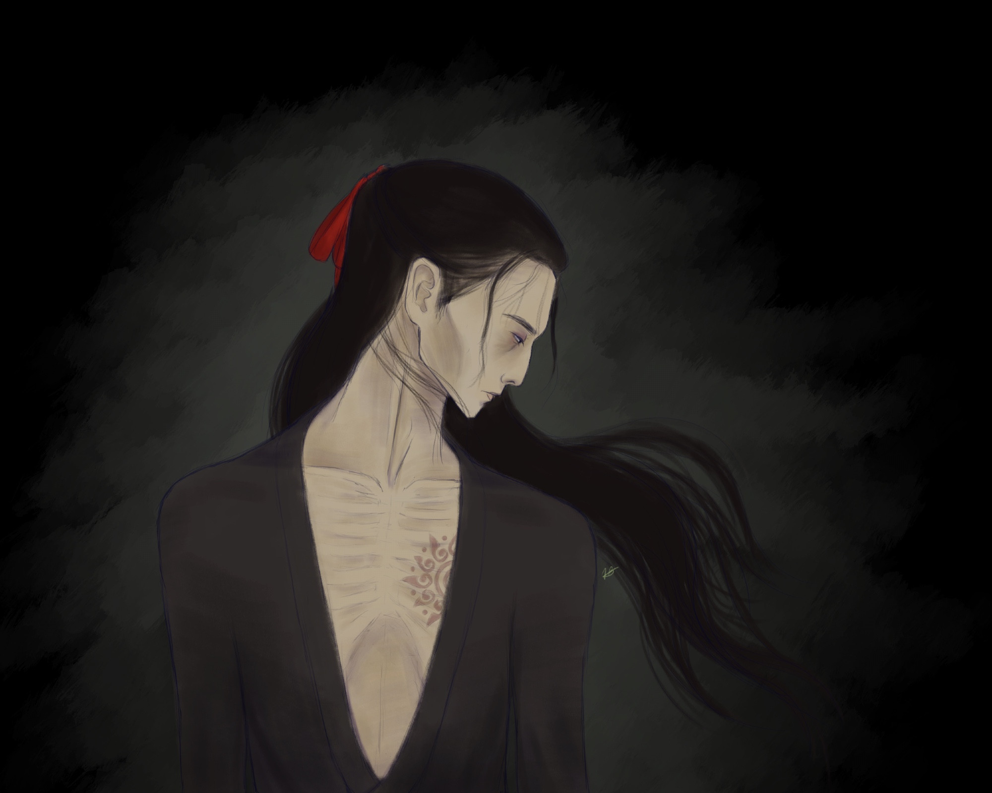 A colored sketch (bust) of an emaciated Wei Wuxian against a dark background. He is looking down to his left side, hair blowing in that direction, wearing a dark robe and his red ribbon. His chest is visible, with very protruding bones and the sun-shaped scar showing.