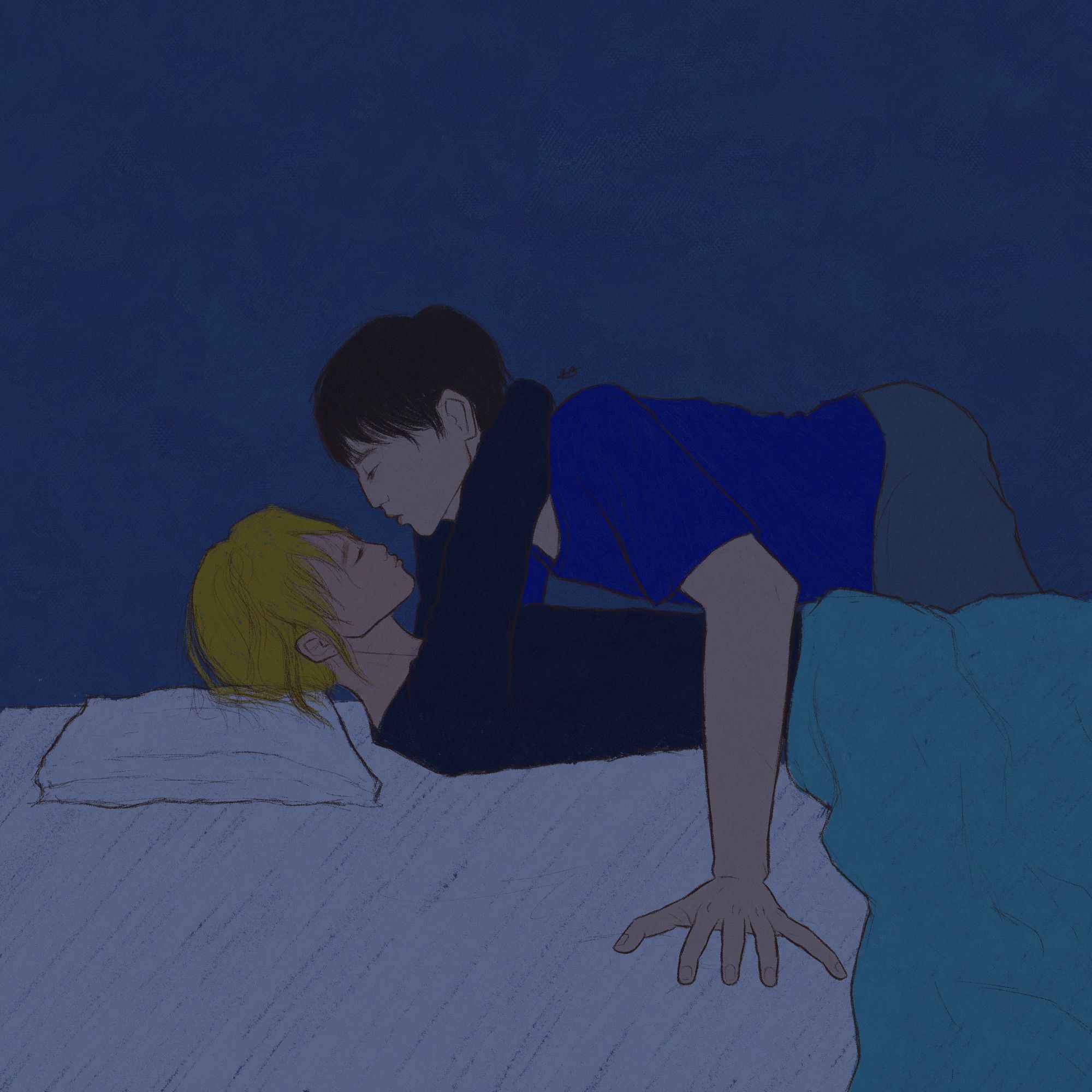 A colored sketch of Hirano Taiga and Kagiura Akira in some blue shades as if it were nighttime. Hirano is on his bed, tucked in, seemingly pulling Kagiura in for a kiss. Kagiura is keeping himself balanced on top of him. Hirano wears a black top; Kagiura, a blue one.