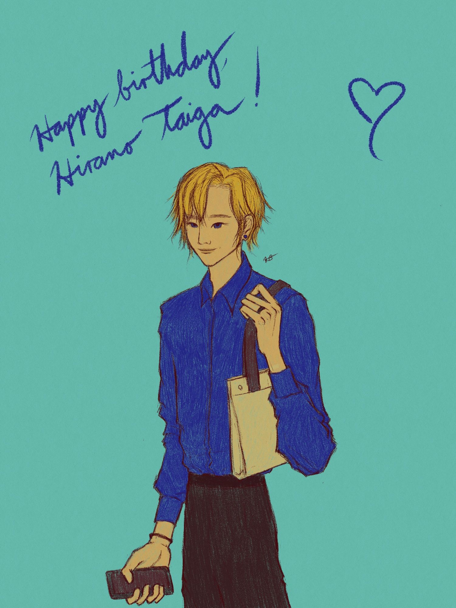 A colored sketch of Hirano Taiga in a limited color palette that consists of blues, yellows and browns. He wears a blue shirt that matches his eyes and earrings; also sporting dark pants and his light-colored bag with a dark strap. He stands against the turquoise background, in a relaxed pose; his left hand, wearing the ring, holds his bag; his right, holds the phone.