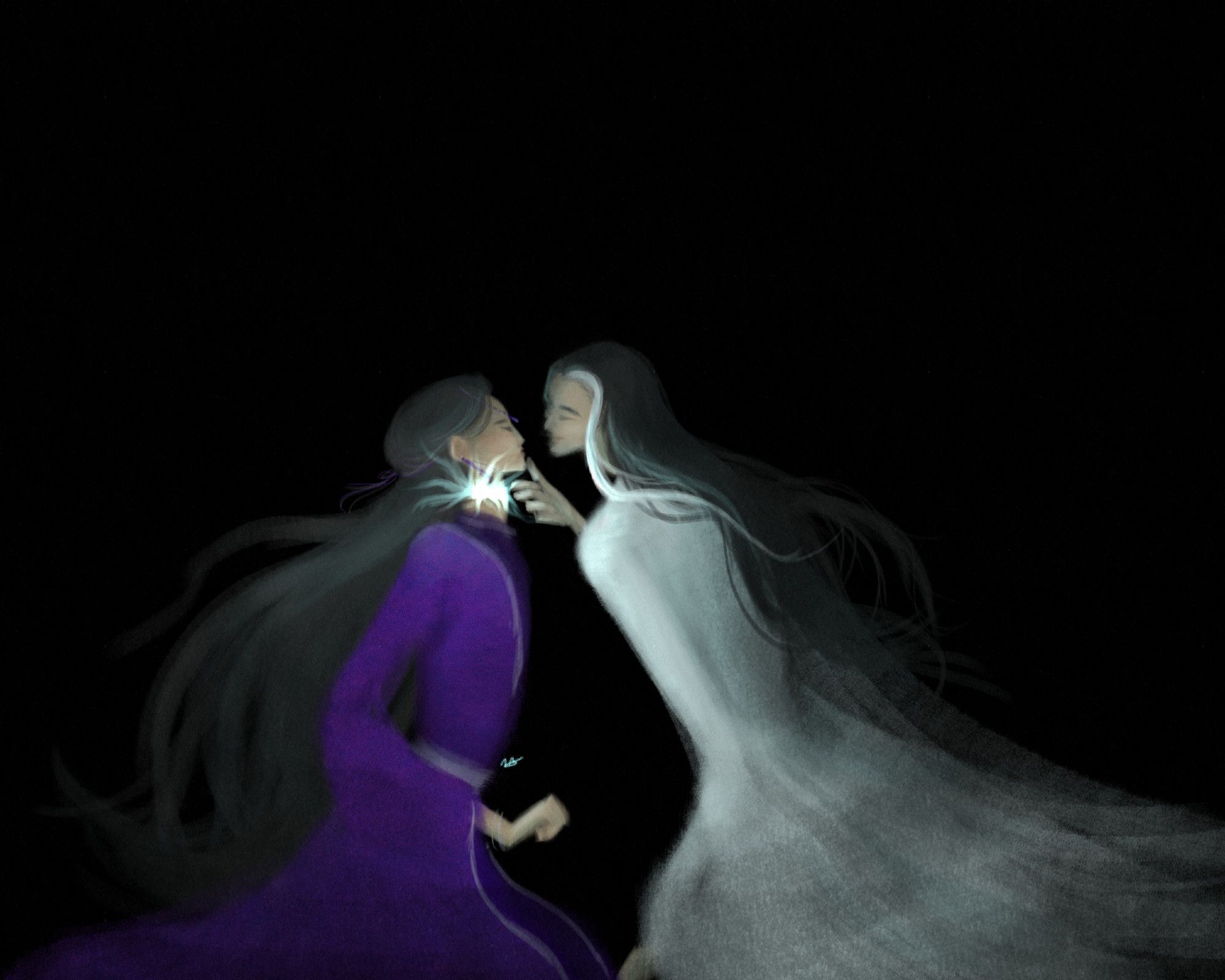 A drawing against a black background. There’s Mei Nianqing in his purples robes with something glowing from his neck, like a cursed shackle. Touching his chin, is Jun Wu in very plain white robes; his hair has a white streak. He appears to be a wraith, fusing with the background, appearing to be floating there.