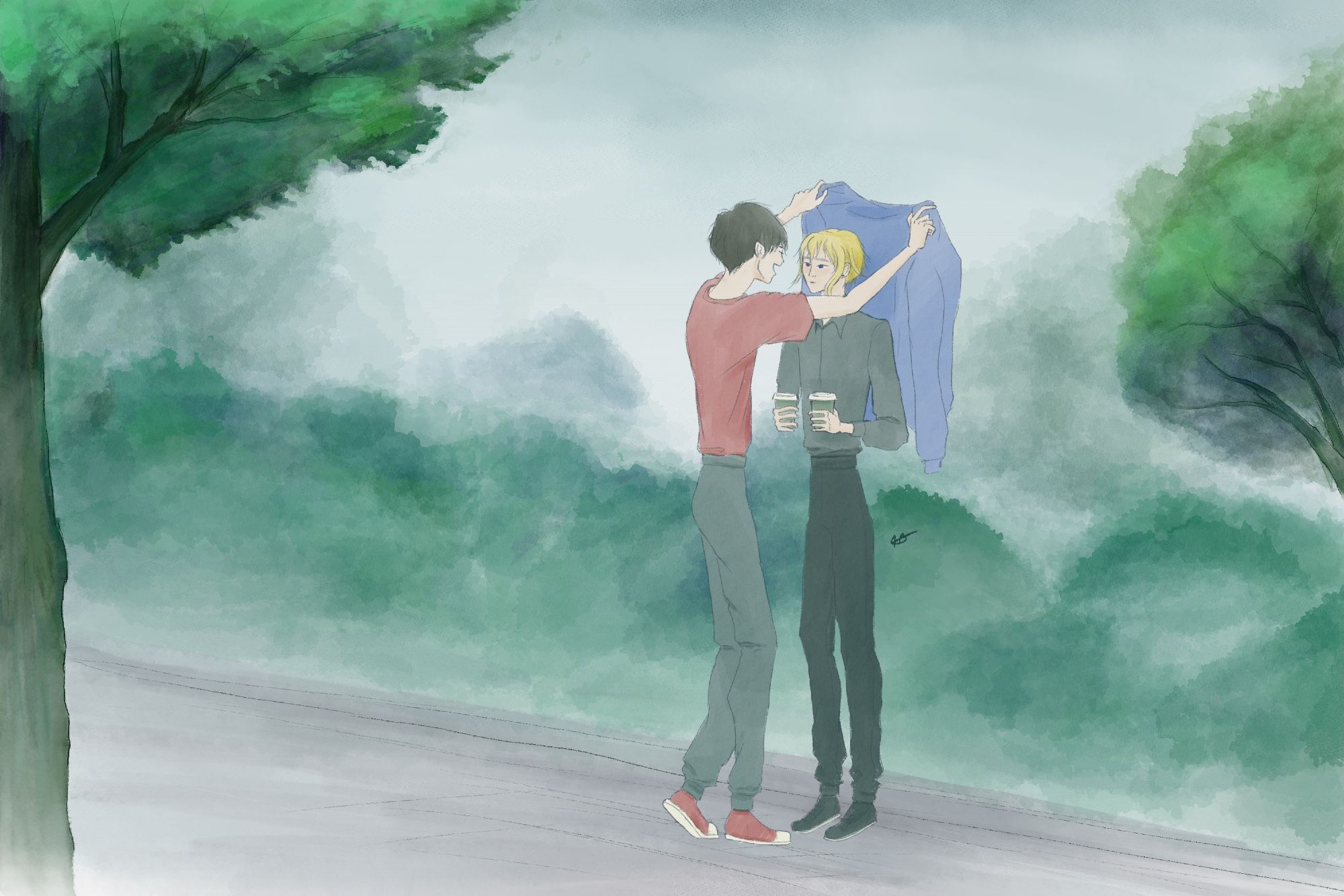 A digital drawing in watercolor style depicting Hirano Taiga and Kagiura Akira in the rain with some greenery in the background. Hirano, wearing all black, is carrying two cups of hots beverages. Kagiura, wearing a red top matching his sneakers and some dark pants, has taken off his jacket to put into on Hirano, shielding him from the droplets.