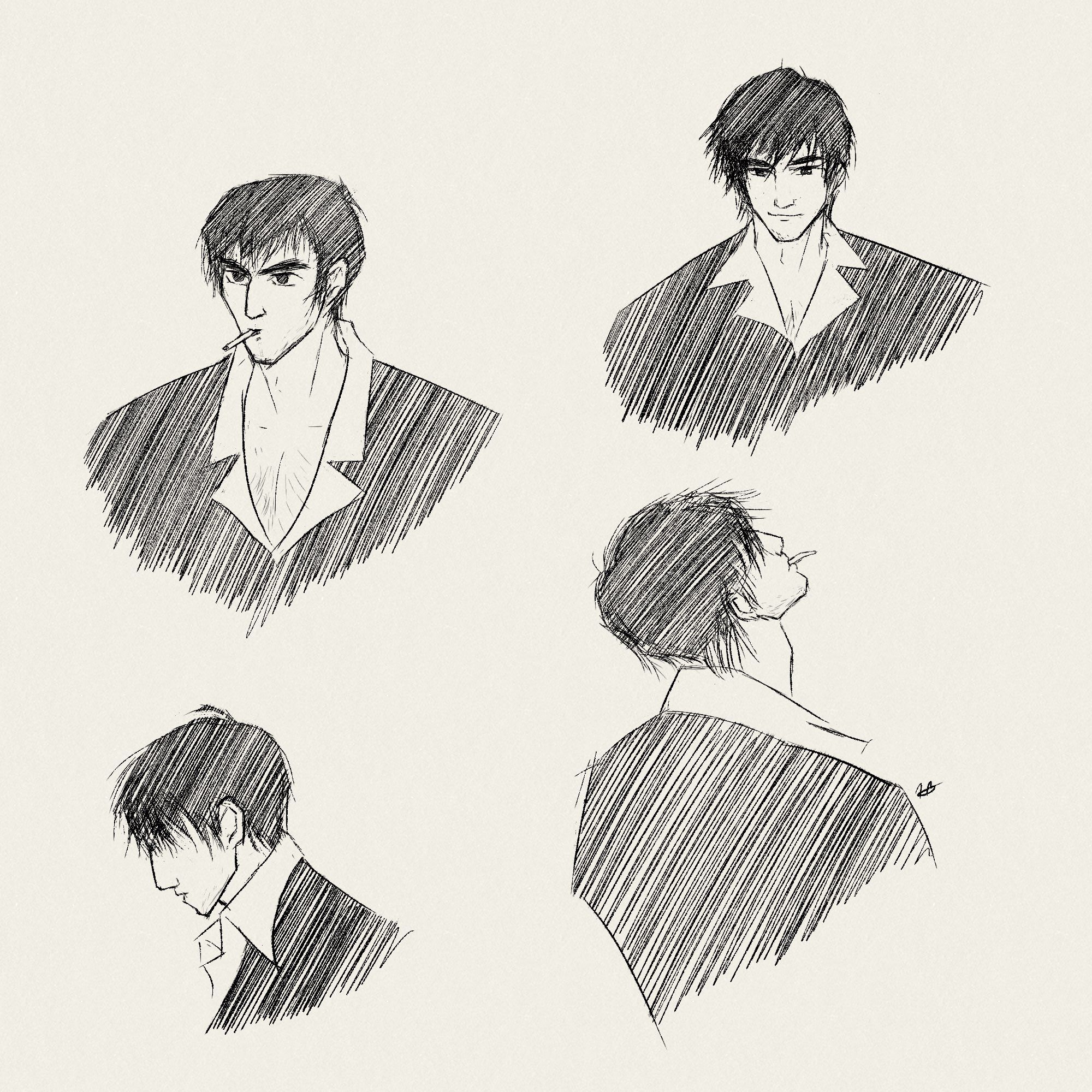 Four bust sketches of Wolfwood. Top left: a redraw of his 98 version, in which he’s smoking a cigarette, seen in 3/4. Top right: a redraw from Trigun Maximum; seen from the front, he’s smiling softly. Bottom left: he’s seen from his left profile, his head down. Bottom right: a redraw from Trigun Maximum; seen from his right side, his face is half visible, he has his head looking up, smoking a cigarette.