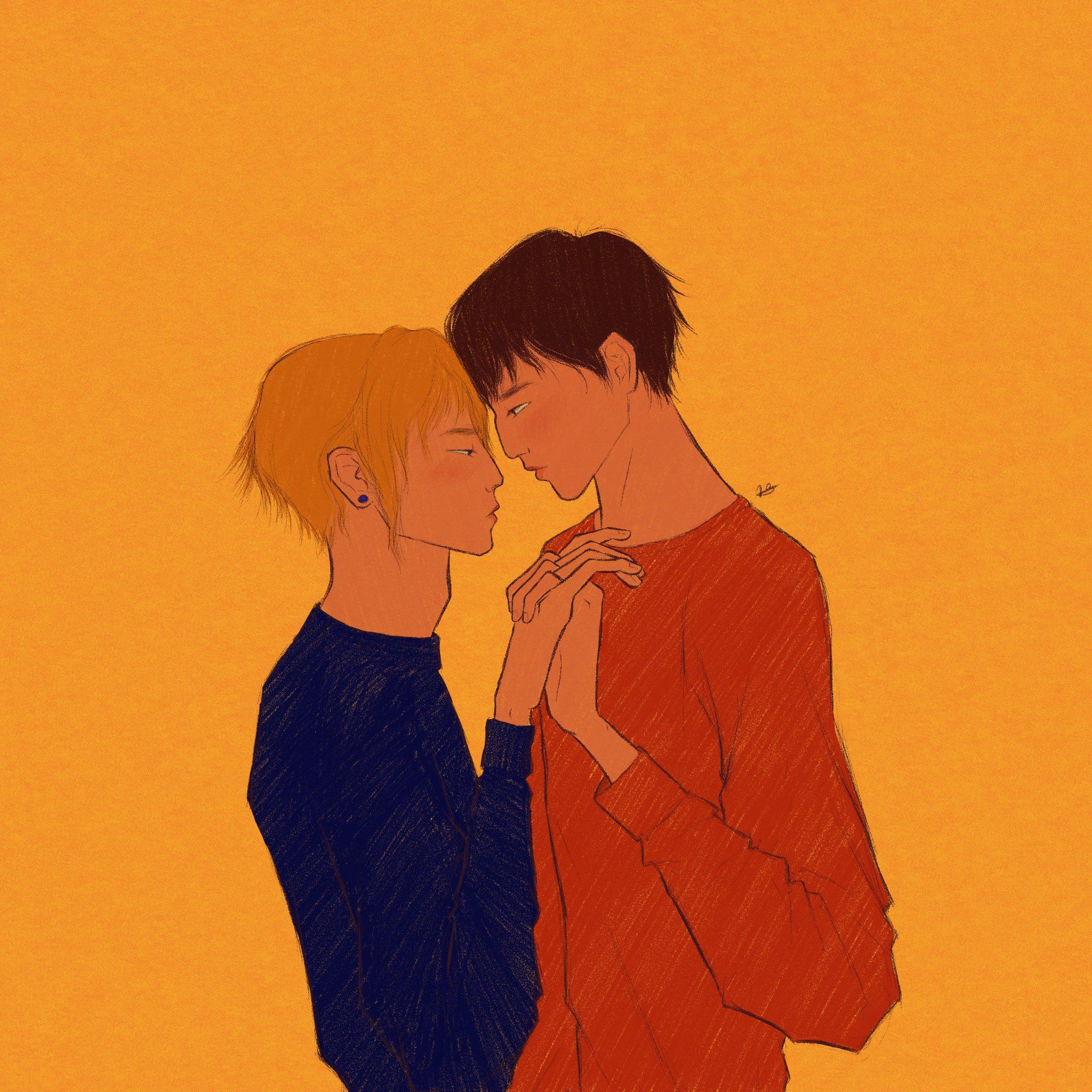 A colored sketch of Kagiura Akira and Hirano Taiga embracing, holding hands and touching foreheads. Kagiura looks into Hirano’s eyes, which are fixated into Kagiura’s lips. Kagiura wears an orange top, contrasting with Hirano’s navy blue sweater. They’re both blushing. The background is a vivid golden yellow texture.