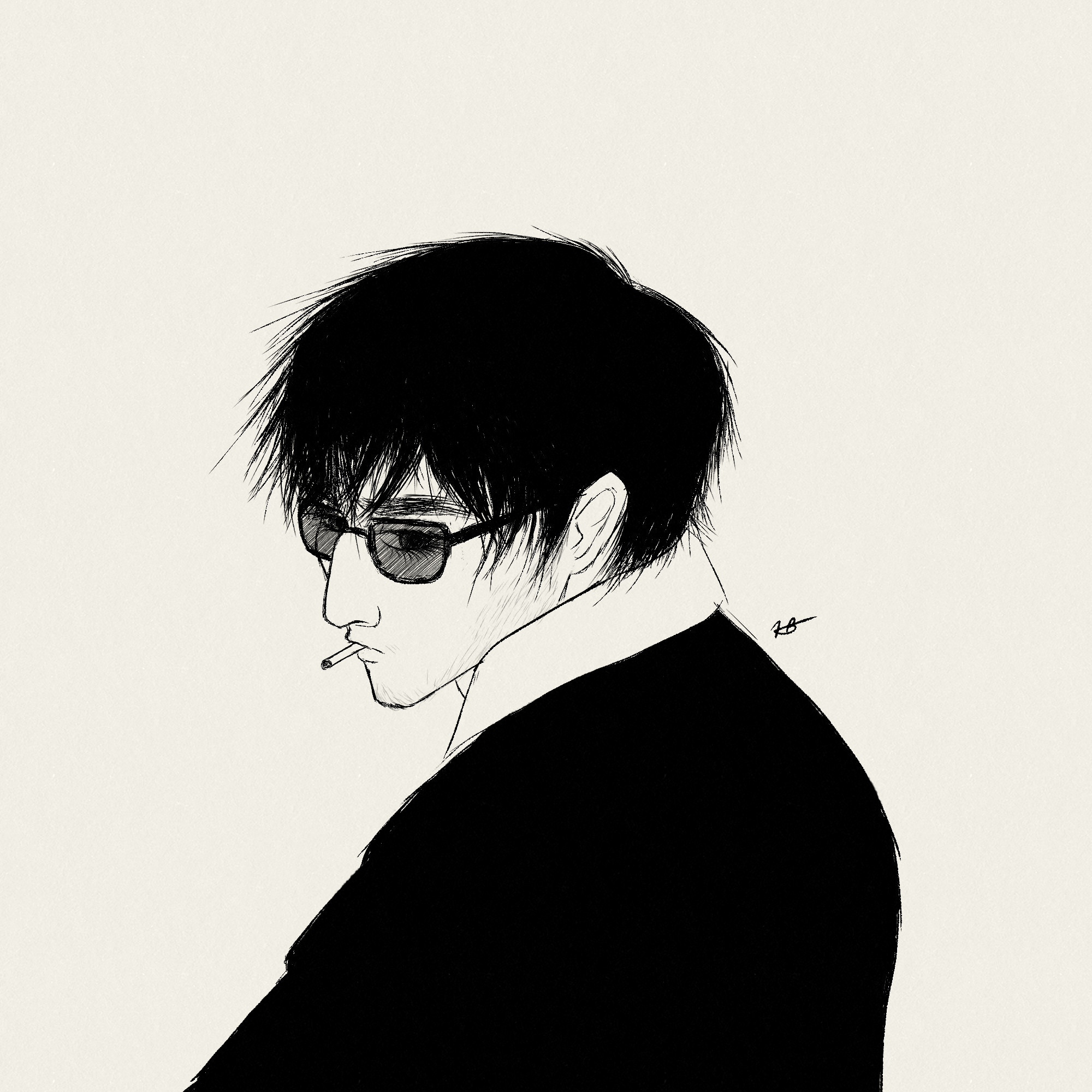 A bust sketch in black and white of Nicholas D. Wolfwood seen at eye level, slightly turning around, wearing his usual suit and sunglasses; his troubled melancholic expression somewhat obscured by his sunglasses and his hair. He has a cigarette on his lips.