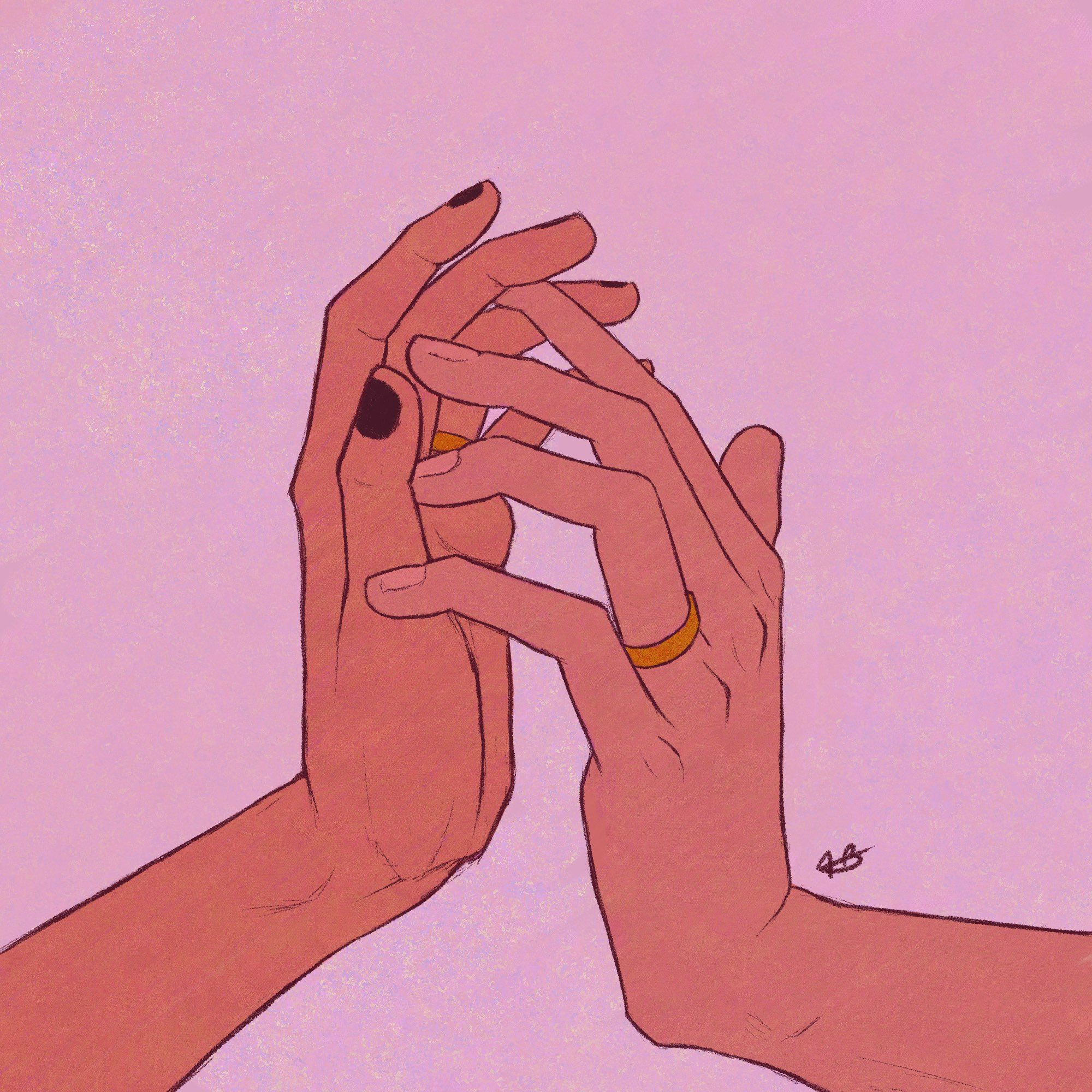 A colored sketch in pinkish hues; a redraw of a Hirano to Kagiura panel where Kagiura is about to hold Hirano’s hand. Hirano has so dark nail polish on his hand. They’re both wearing golden rings.