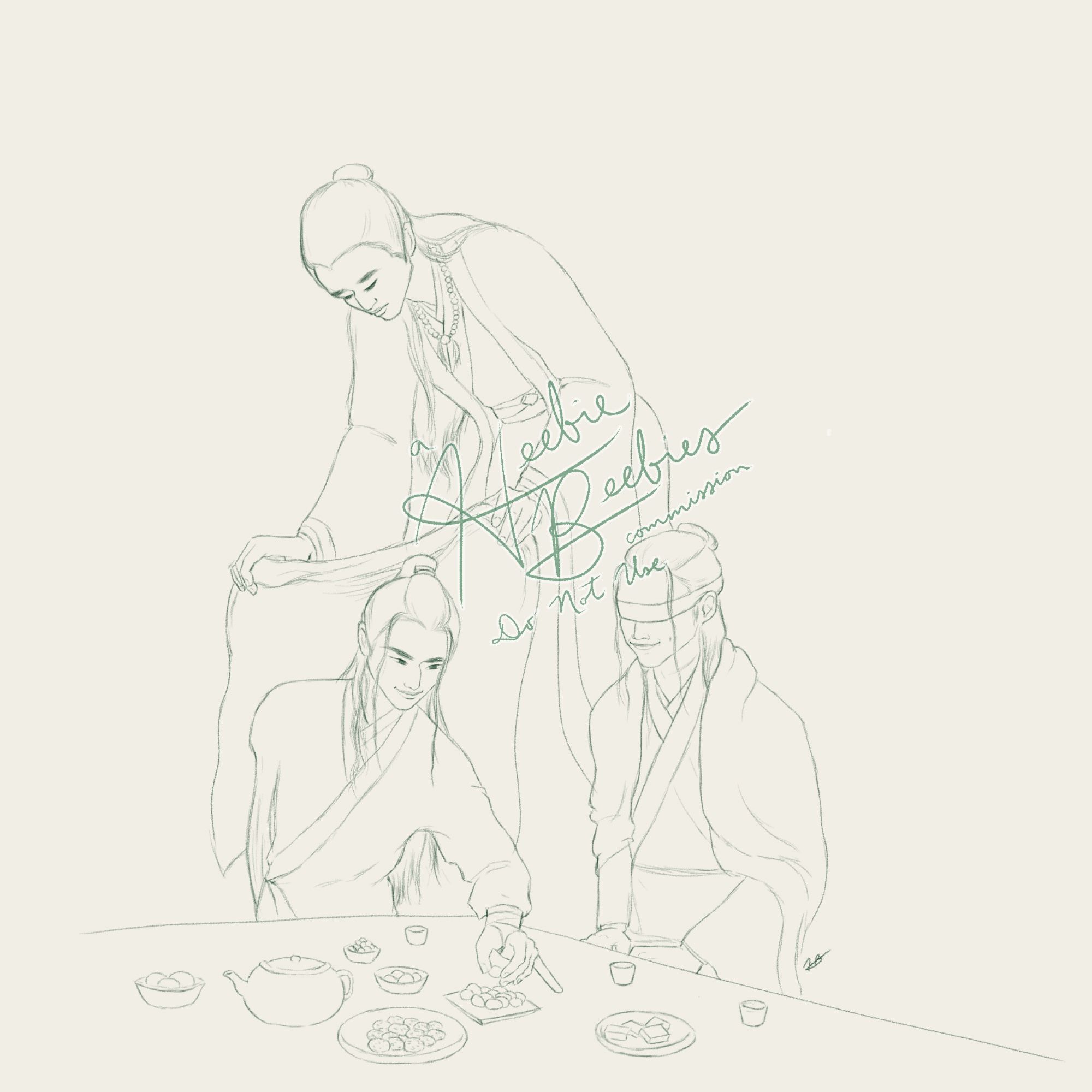 A soft sketch of Songxuexiao from The Untamed. Xue Yang, now also missing his right arm, is sitting at the table about to take one of the sweets displayed there. By his side is Xiao Xingchen, smiling, with slightly wet hair and a blanket on his back, which also covers a great portion of his chest; the scar on his neck is still visible. Standing up behind them there’s Song Lan, wearing a mala necklace, crouching as he’s about to put a blanket on Xue Yang as well. On the table are some plates with sweets, a teapot and three teacups.