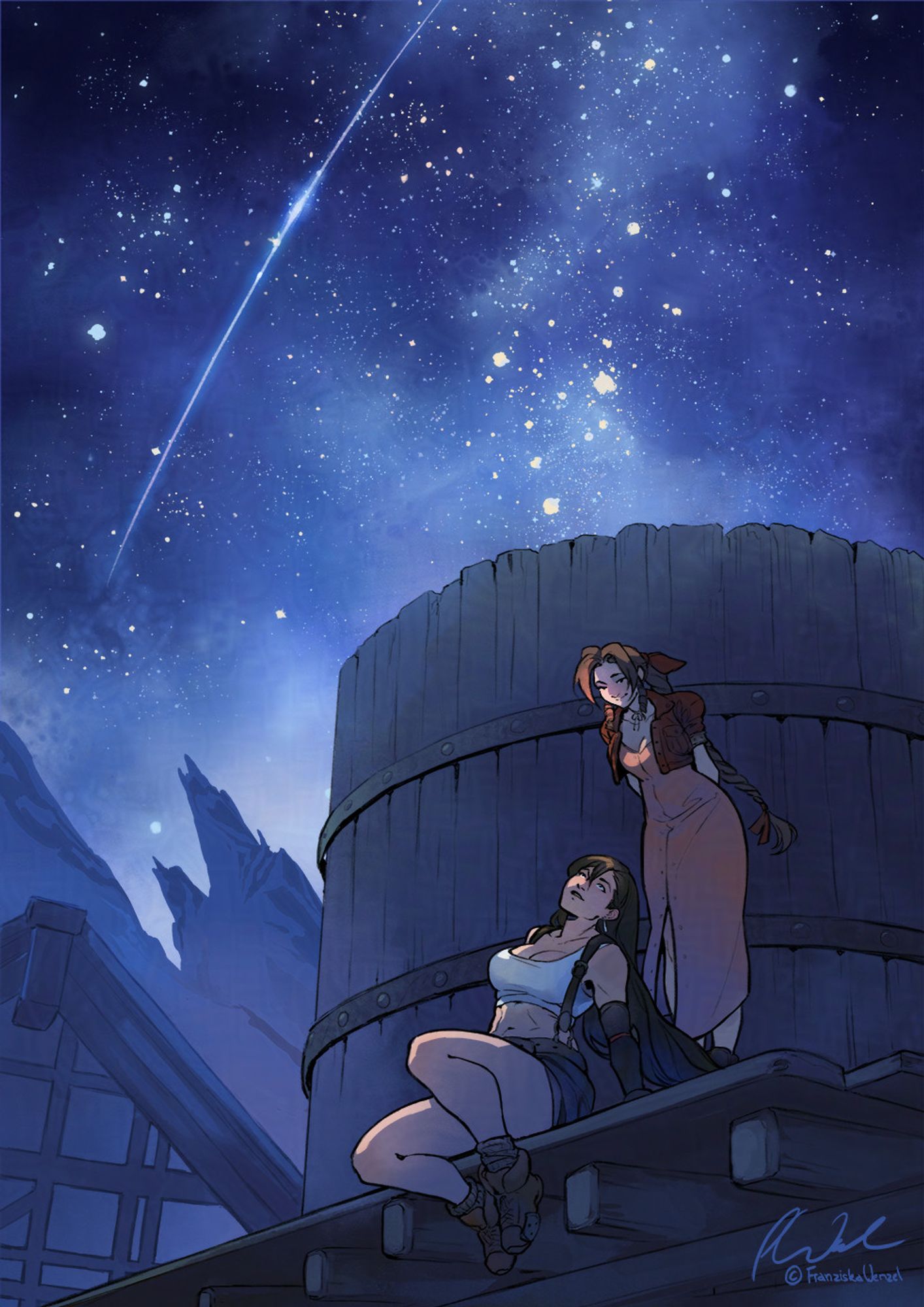 Aerith and Tifa from FF7 in Nibelheim. Yes of course there is a star backdrop