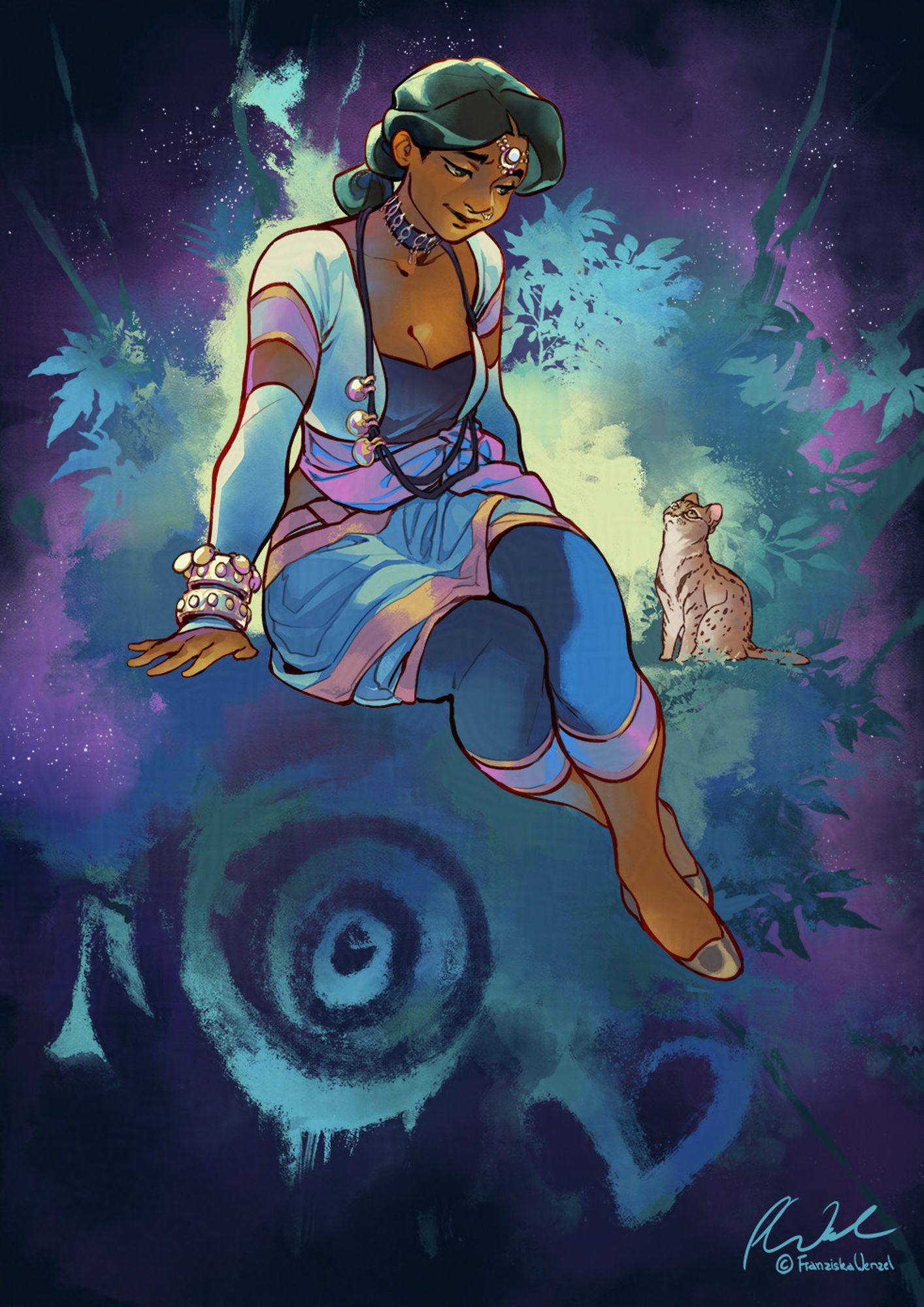 Illustration of a girl in fantasy clothing on a colourful backdrop with stars