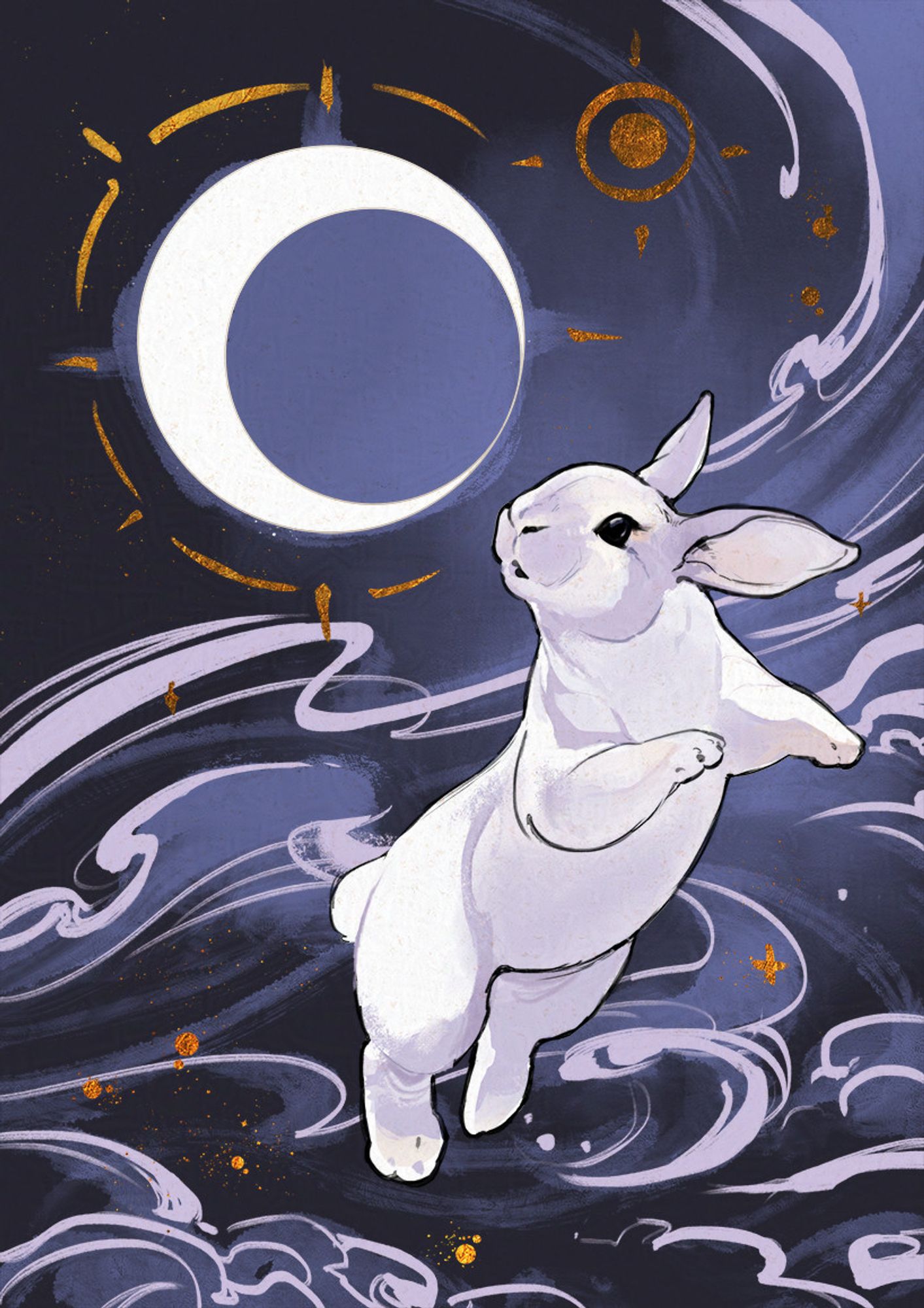 bunny and a waning moon against, you guessed it, a star backdrop