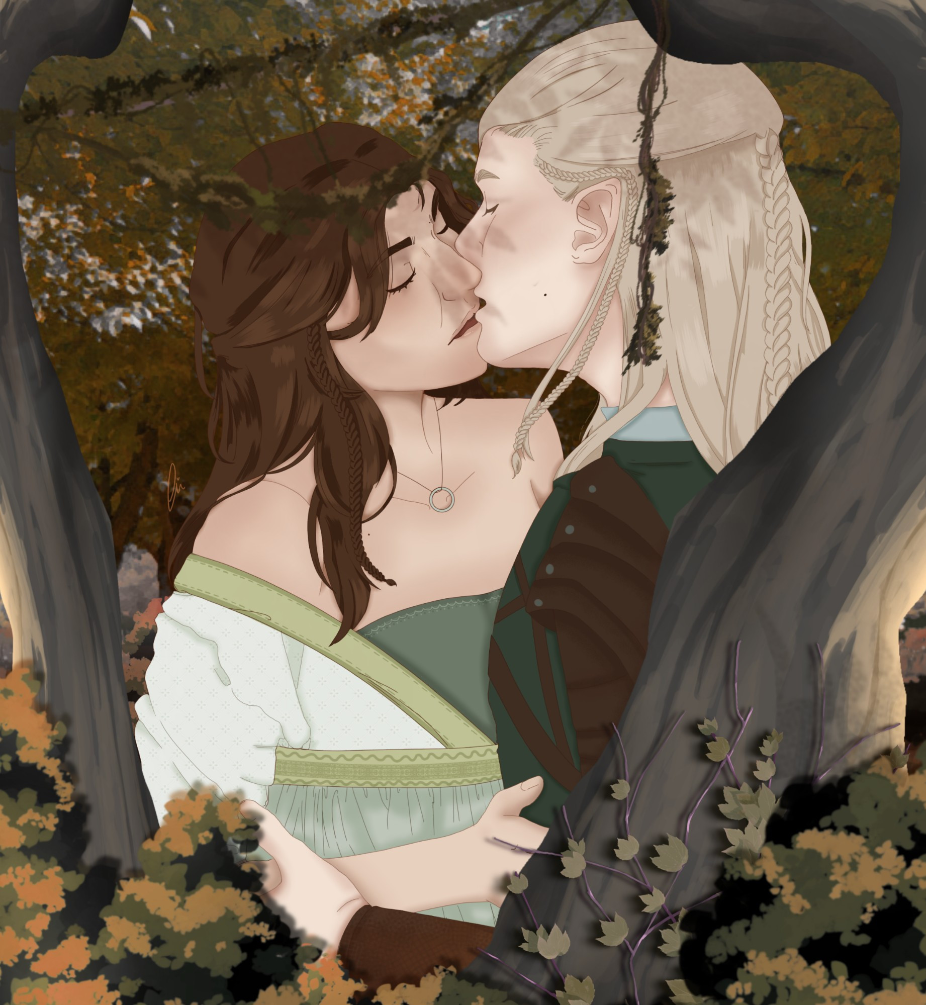 Sylvie and Legolas in Mirkwood leaning in for a kiss