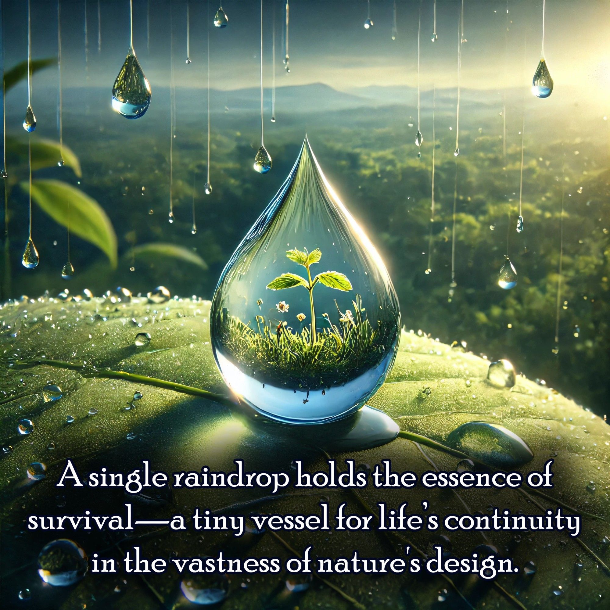 A single raindrop holds the essence of survival—a tiny vessel for life’s continuity in the vastness of nature's design. 💧🌱🌍 #RaindropReflections #EssenceOfLife #NatureDesign #Survival #EcoWisdom