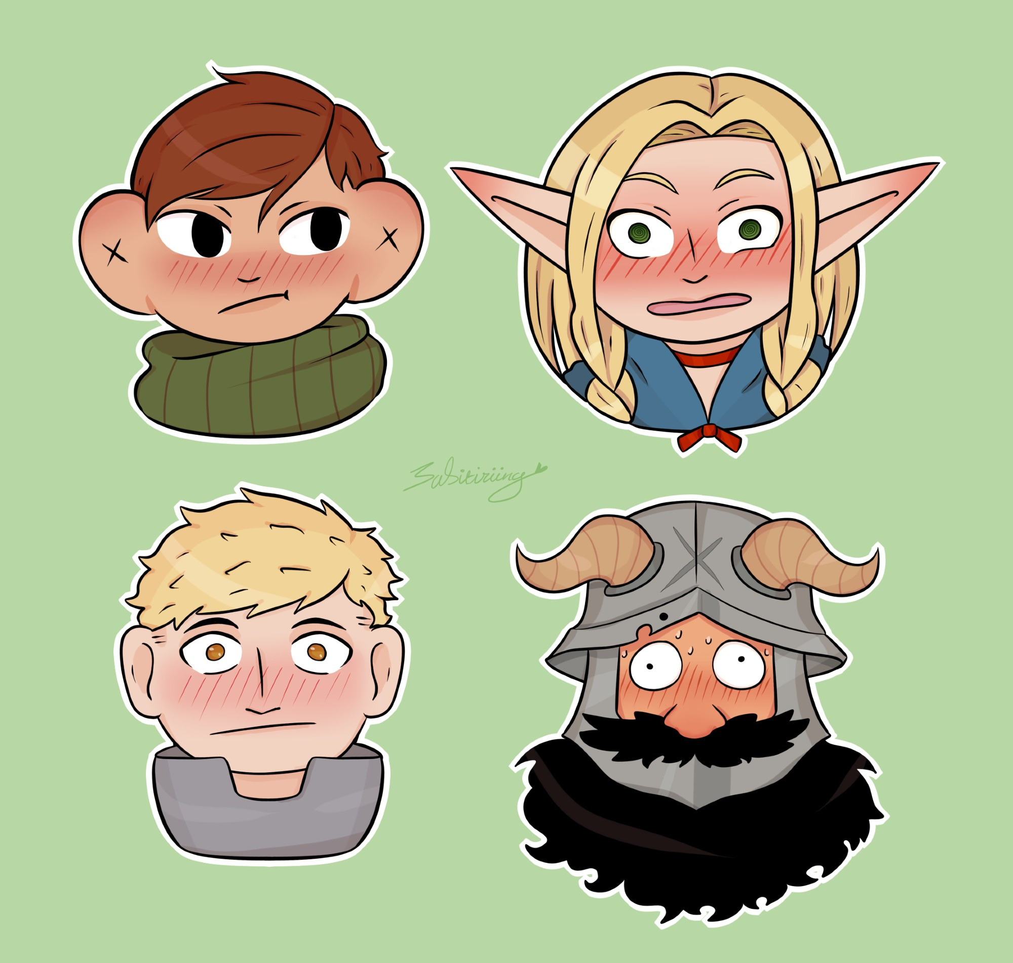 Busts of the party from Dungeon Meshi, in a cartoonish style, facing forward and blushing on a pale green background.