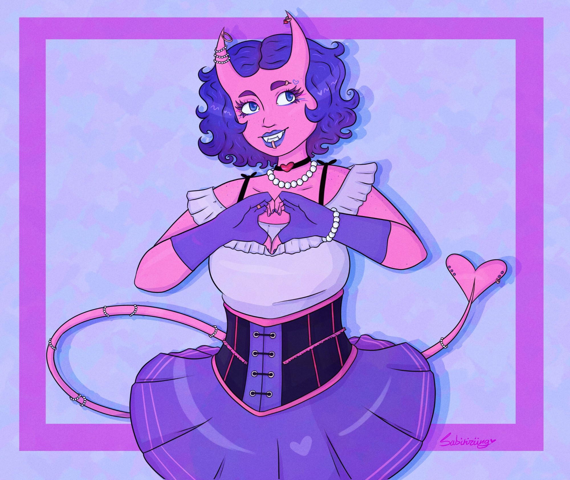 Art of a pink tiefling making a heart shape with her hands. She has two smooth, curved horns protruding from her forehead. The tip of her tail can be seen behind her, and it is also heart shaped. Her lower lip and right eyebrow are pierced with gold rings, and she wears blue lipstick and eyeliner. There is a wide smile on her face.
Her hair is blue and wavy, wildly sticking out behind her with only two curls framing her face at her cheeks. Her eyebrows and lashes are a dark pink, suggesting her hair is dyed.
She wears blue-purple fingerless gloves and a short pleated skirt in a matching colour. Her shirt is an off-white, off the shoulder piece with large frills around the top. Over this, she is wearing a dark corset with pink highlights. She is wearing jewellery - primarily pearls, on her neck, horns, wrist and tail. 
The background is a lilac square with a repeated heart pattern overlayed on top.