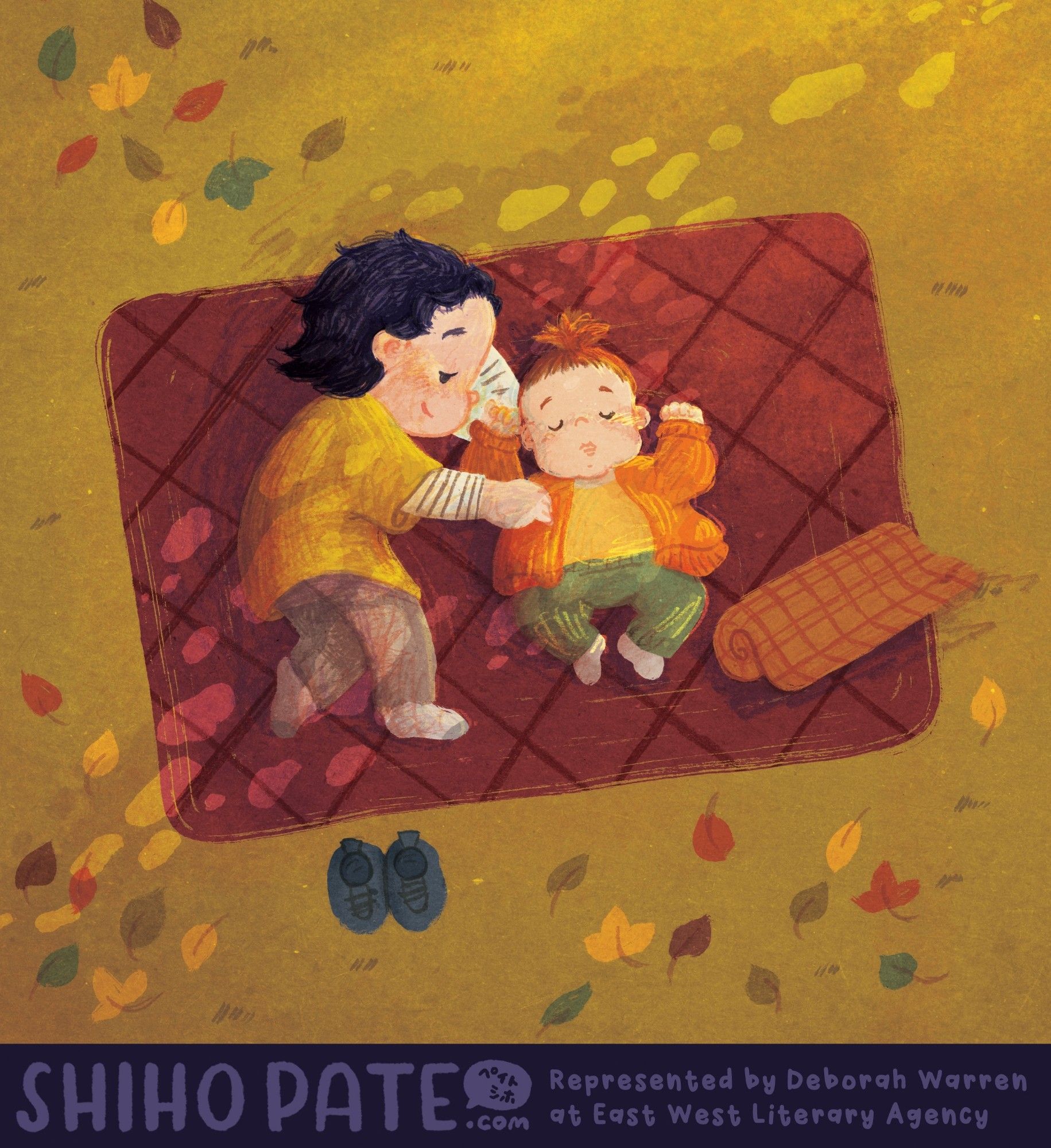 image of a big brother comforting his younger sister sleeping on a picnic blanket. Fall color palette.